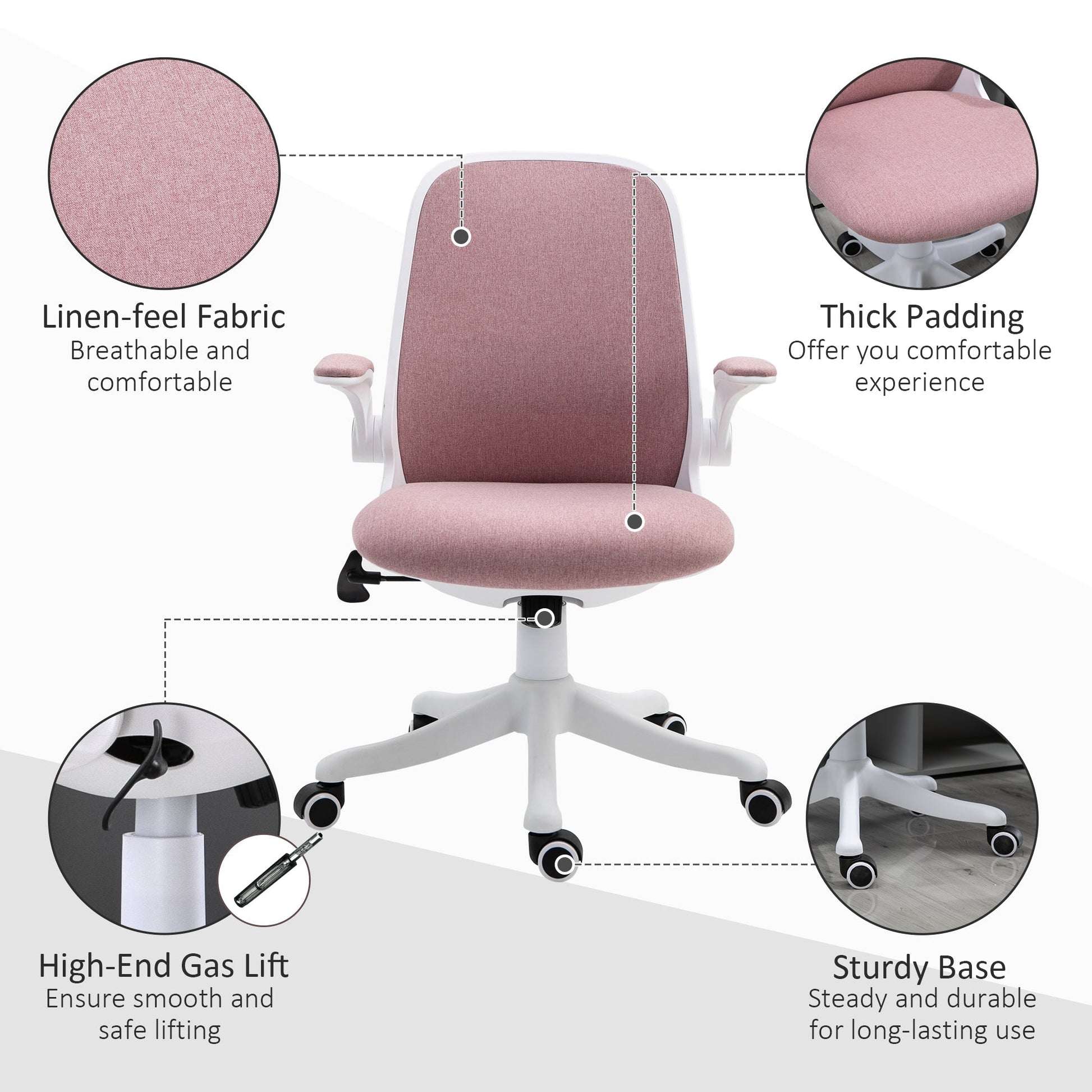 Office Chair 360° Swivel Task Desk Breathable Fabric Computer Chair with Flip-up Arms and Adjustable Height, Pink Task Chairs   at Gallery Canada