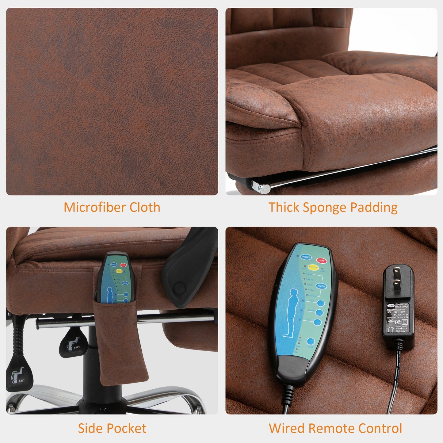 Office Chair 6-point Vibration Massage Chair Micro Fiber Recliner with Retractable Footrest Brown Massage Chairs   at Gallery Canada