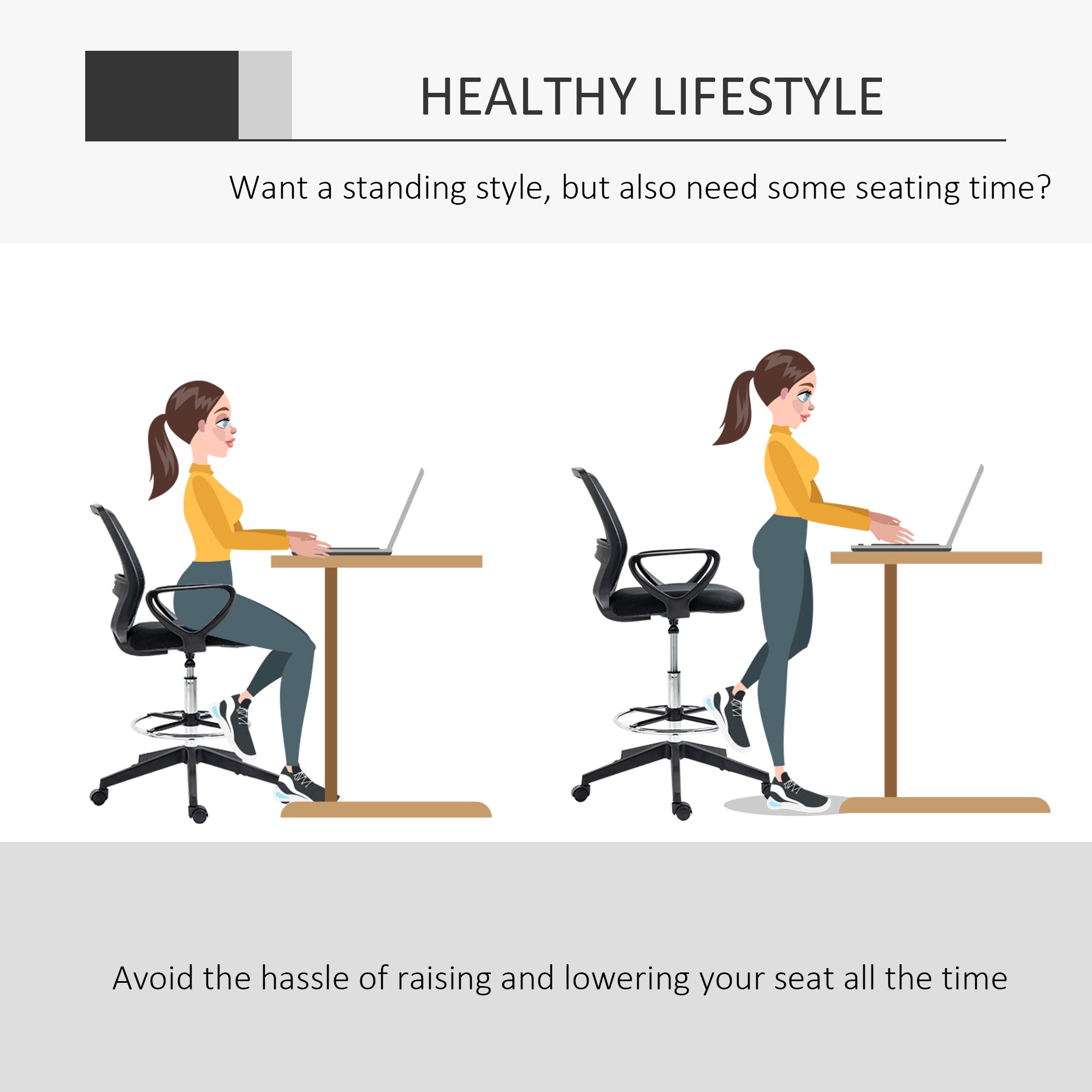 Office Chair Drafting Chair Tall with Foot Ring, Mid-Back Mesh Ergonomic for Standing Desk Drafting Table 360° Swivel Office Stool, Black Task Chairs   at Gallery Canada