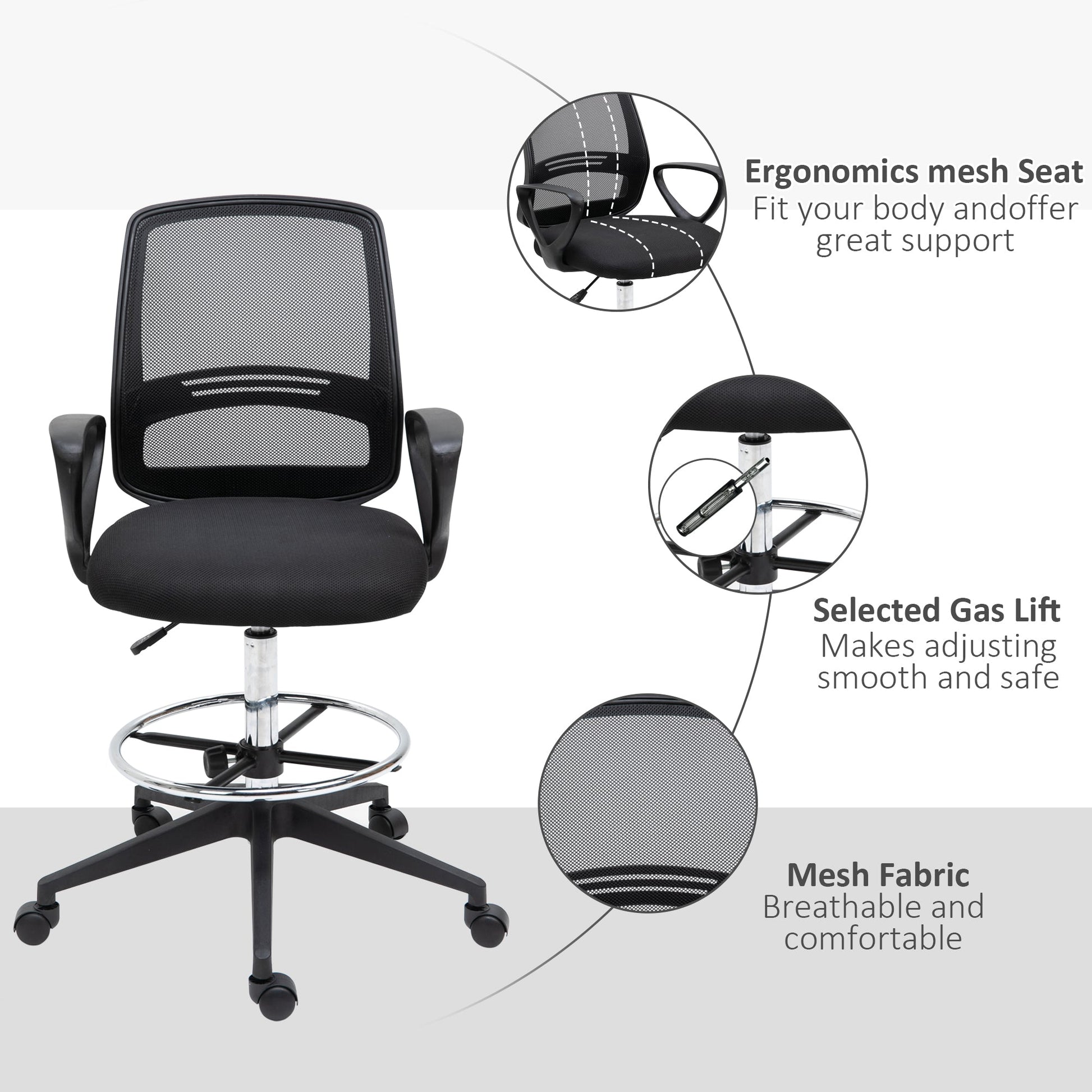 Office Chair Drafting Chair Tall with Foot Ring, Mid-Back Mesh Ergonomic for Standing Desk Drafting Table 360° Swivel Office Stool, Black Task Chairs   at Gallery Canada