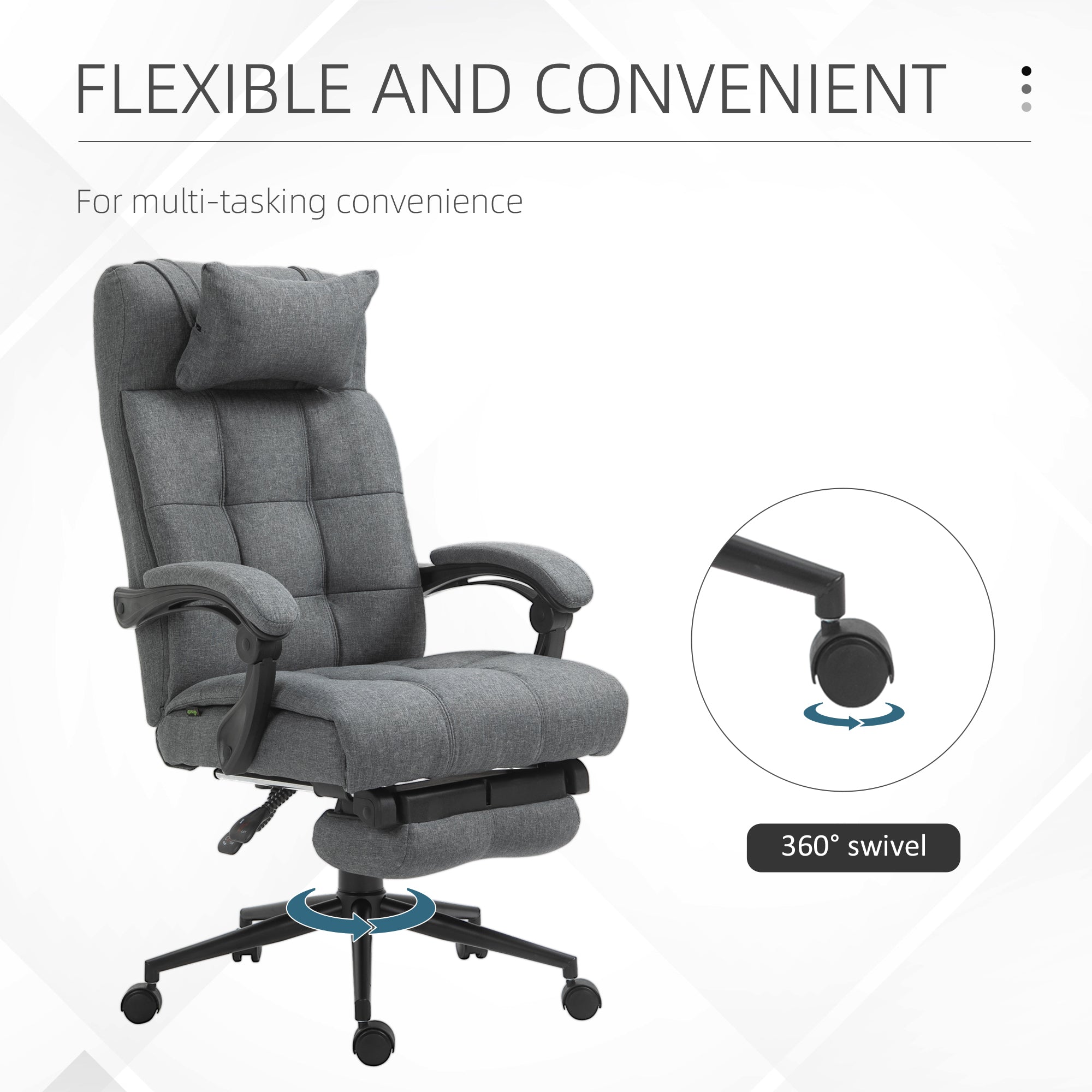 Office Chair Executive Linen-Feel Fabric High Back Swivel Task Chair with Upholstered Retractable Footrest, Headrest and Padded Armrest, Dark Grey Task Chairs   at Gallery Canada