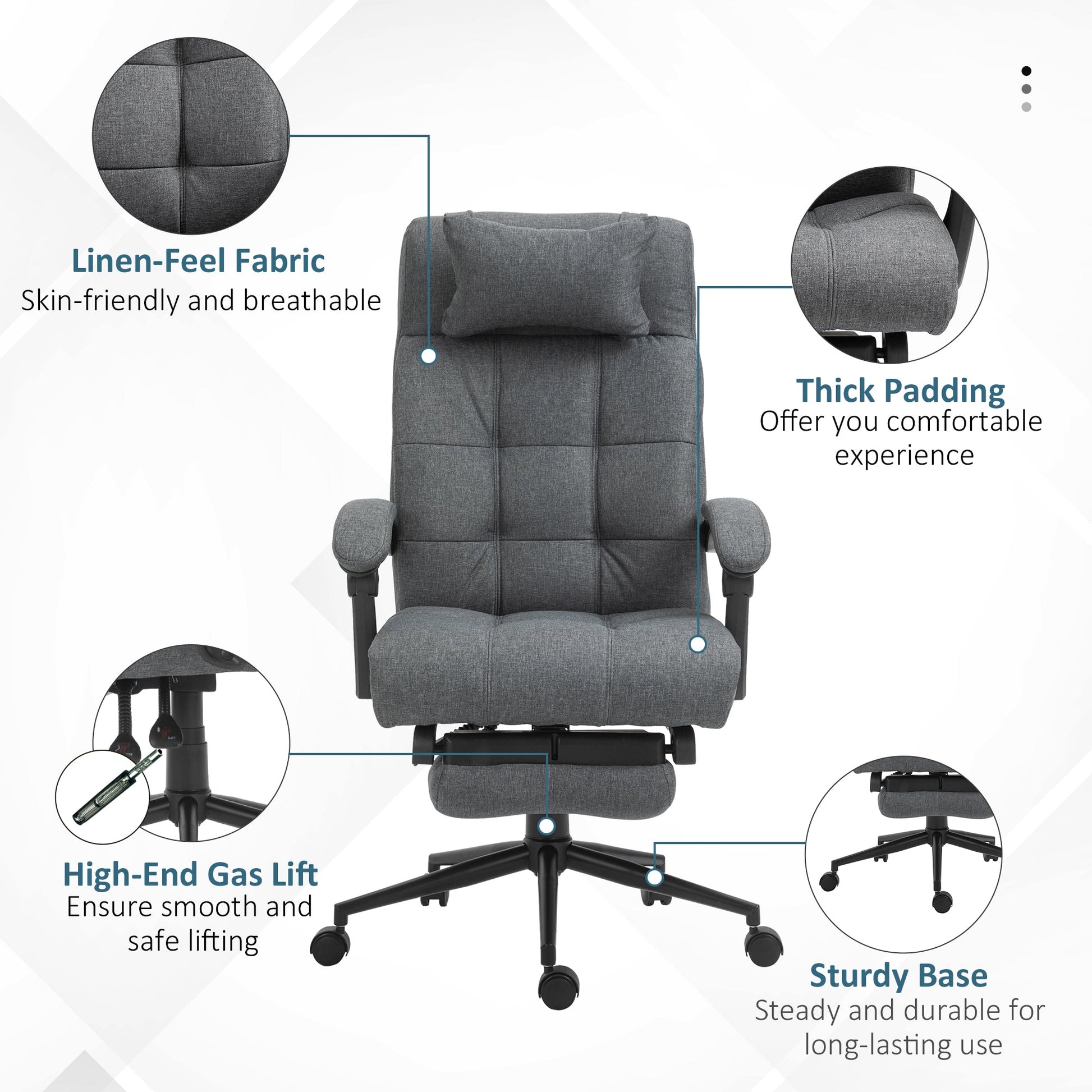 Office Chair Executive Linen-Feel Fabric High Back Swivel Task Chair with Upholstered Retractable Footrest, Headrest and Padded Armrest, Dark Grey Task Chairs   at Gallery Canada