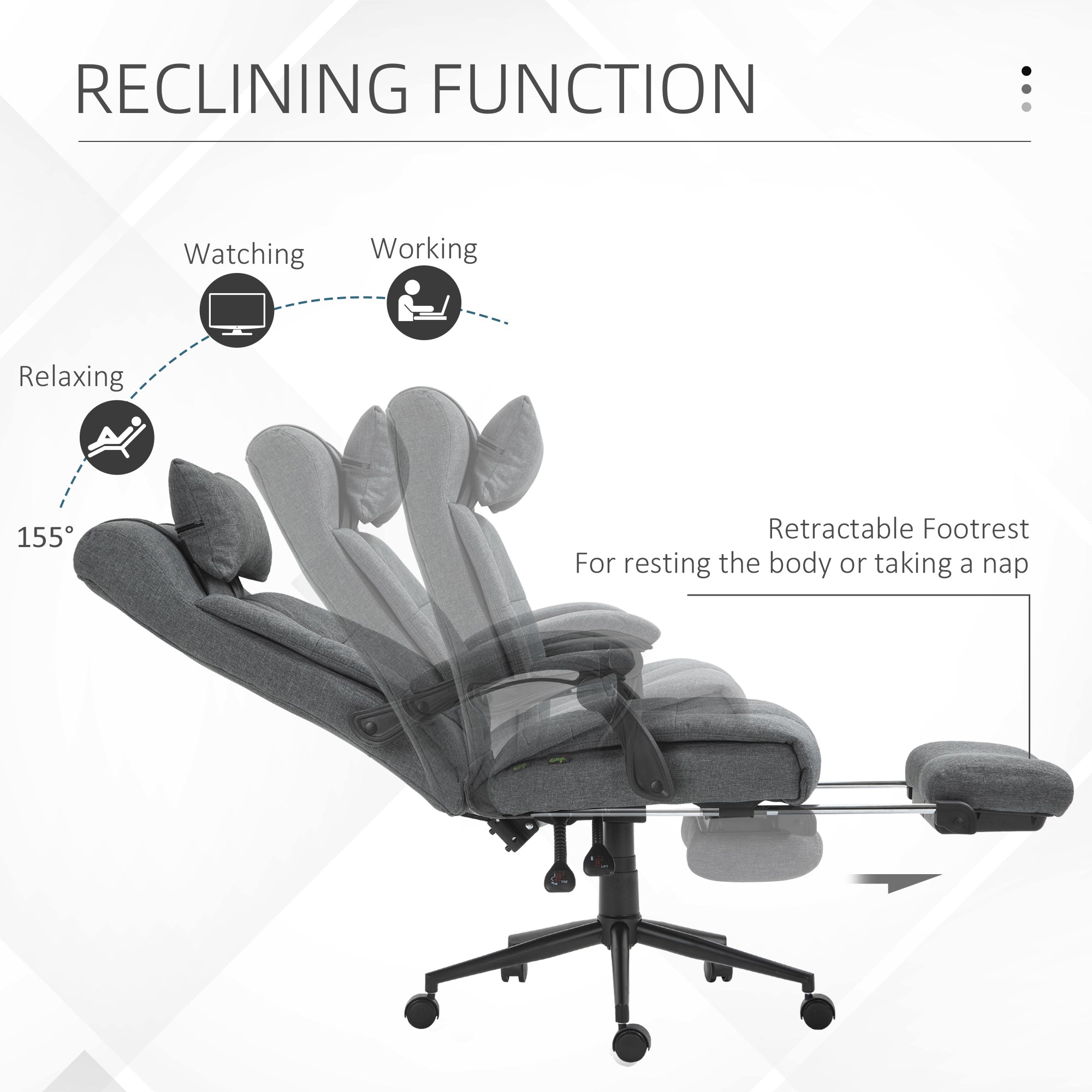 Office Chair Executive Linen-Feel Fabric High Back Swivel Task Chair with Upholstered Retractable Footrest, Headrest and Padded Armrest, Dark Grey Task Chairs   at Gallery Canada