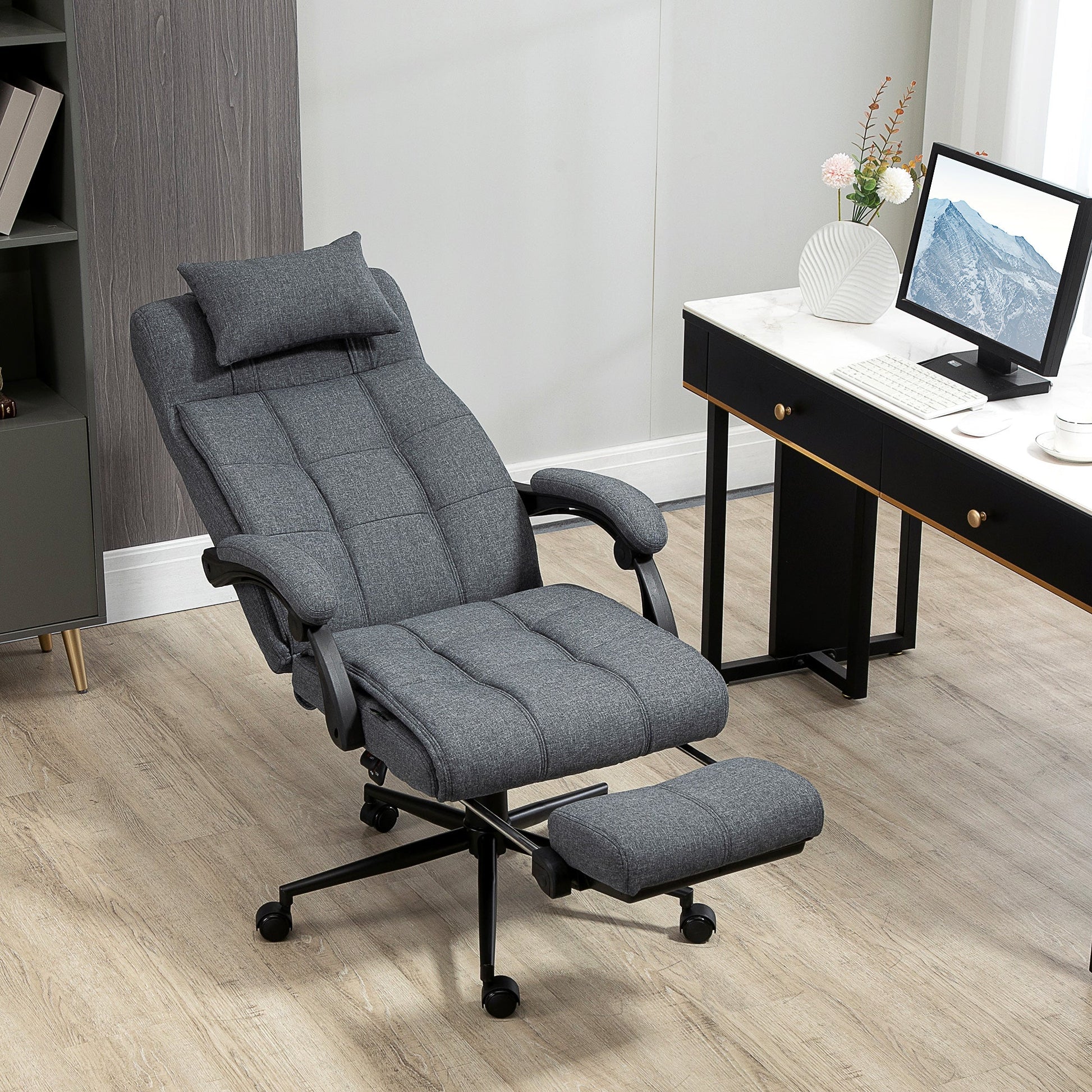Office Chair Executive Linen-Feel Fabric High Back Swivel Task Chair with Upholstered Retractable Footrest, Headrest and Padded Armrest, Dark Grey - Gallery Canada