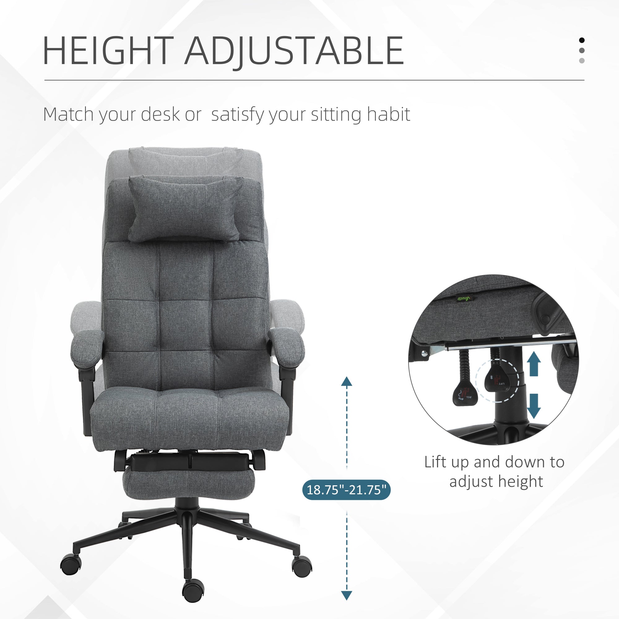 Office Chair Executive Linen-Feel Fabric High Back Swivel Task Chair with Upholstered Retractable Footrest, Headrest and Padded Armrest, Dark Grey Task Chairs   at Gallery Canada