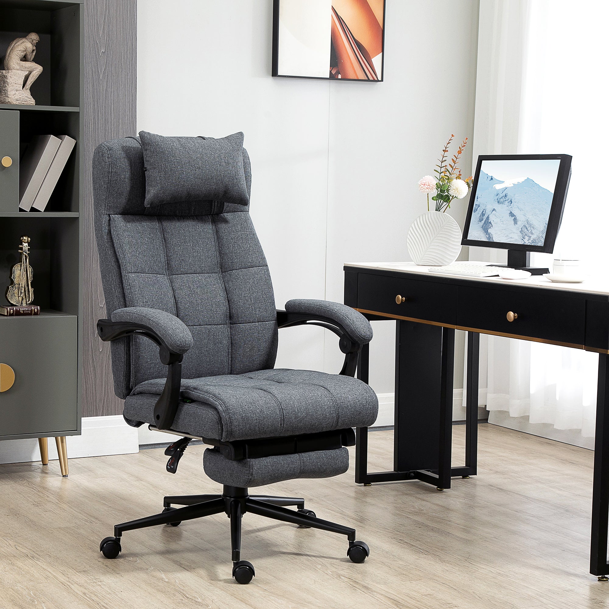 Office Chair Executive Linen-Feel Fabric High Back Swivel Task Chair with Upholstered Retractable Footrest, Headrest and Padded Armrest, Dark Grey Task Chairs   at Gallery Canada