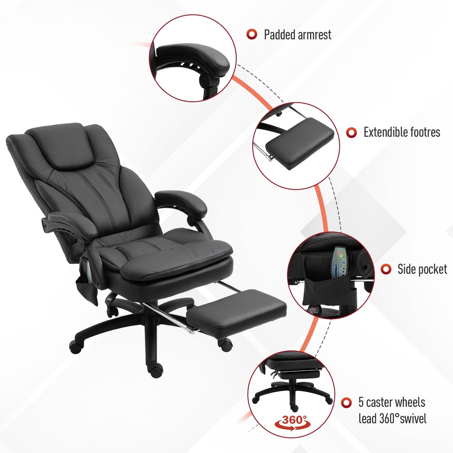 Office Chair High Back 6-Point Vibration Massage Reclining 360° Swivel Height Adjustable with Retractable Footrest Massage Chairs   at Gallery Canada