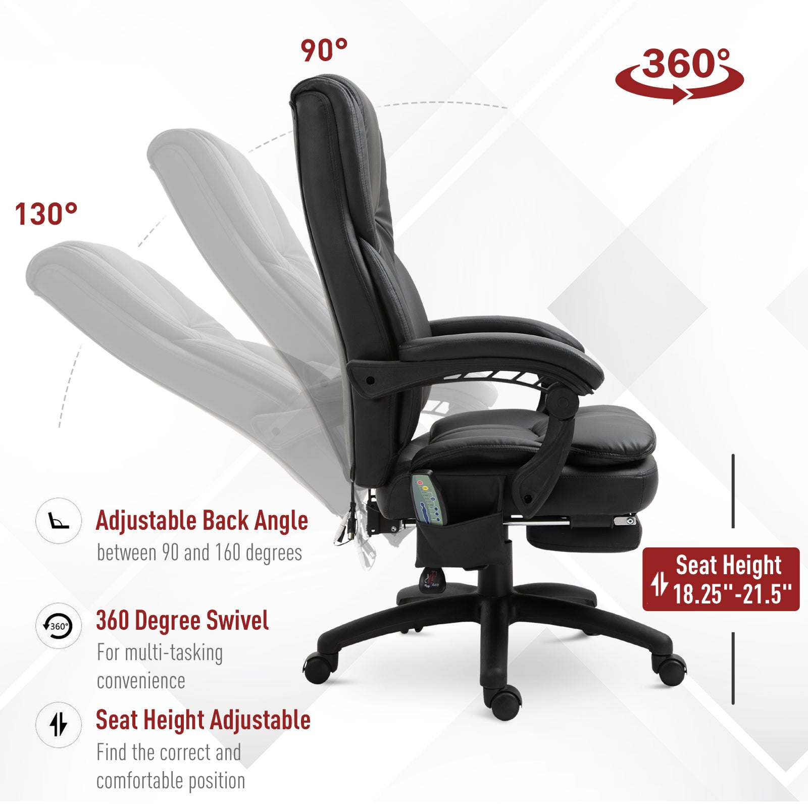 Office Chair High Back 6-Point Vibration Massage Reclining 360° Swivel Height Adjustable with Retractable Footrest Massage Chairs   at Gallery Canada