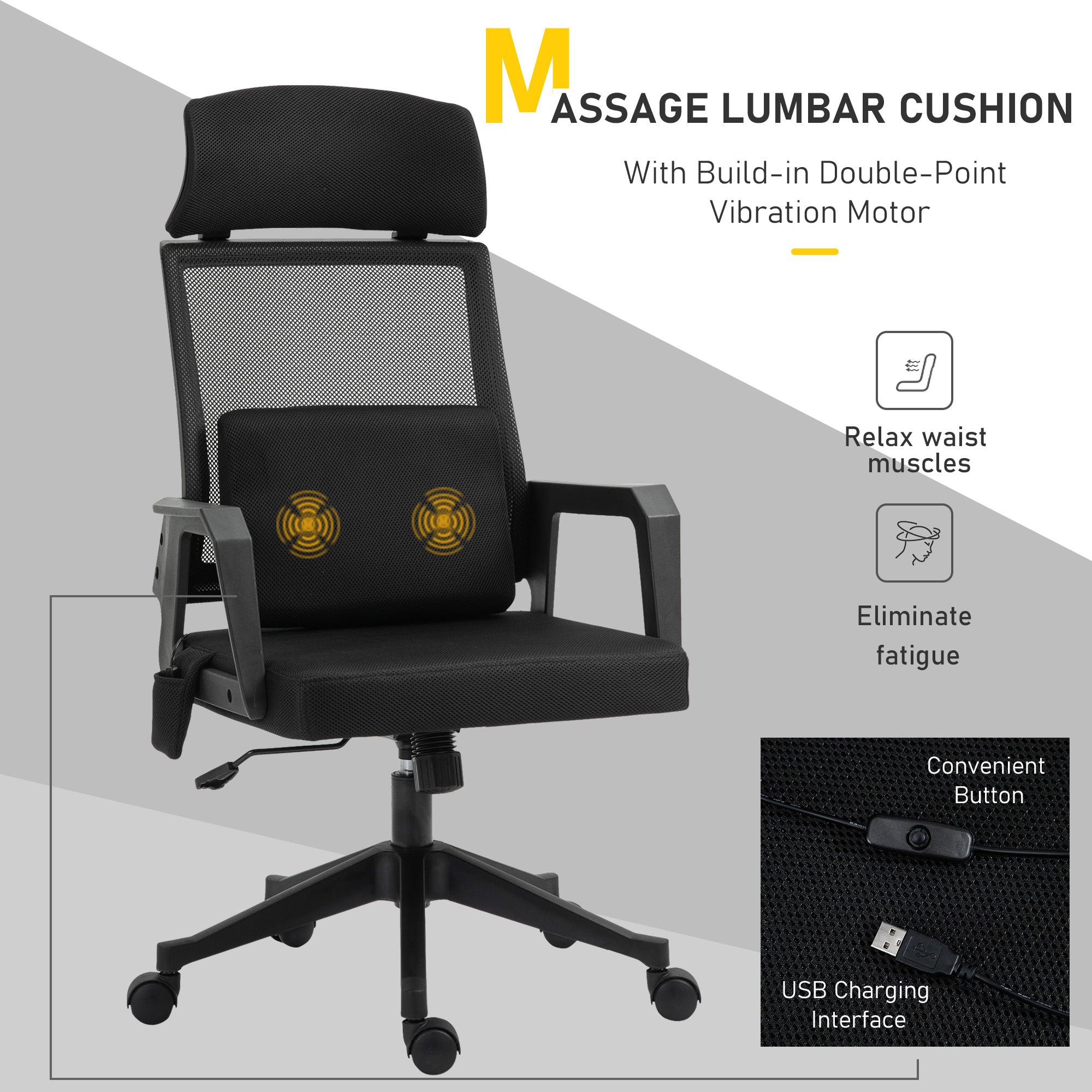 Office Chair High Back Mesh Desk Chair with 2-Point Vibration Massage Lumbar Support Pillow, Headrest, Ergonomic Swivel Back Massage Chairs   at Gallery Canada