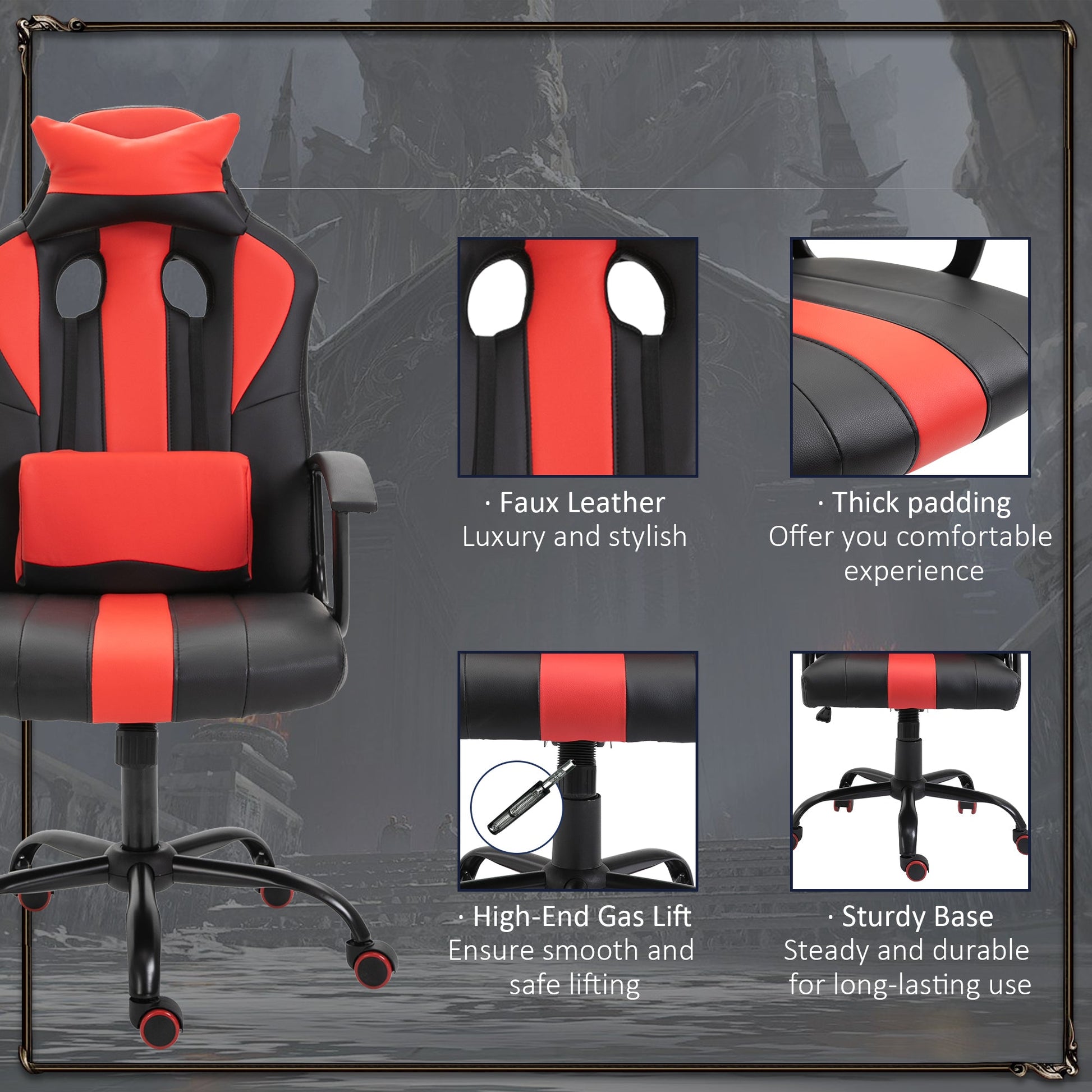 Office Chair High Back Racing Style Gaming Chair Adjustable PU Leather Swivel Computer Task Seat with Lumbar Support and Pillow Red Video Game Chairs   at Gallery Canada