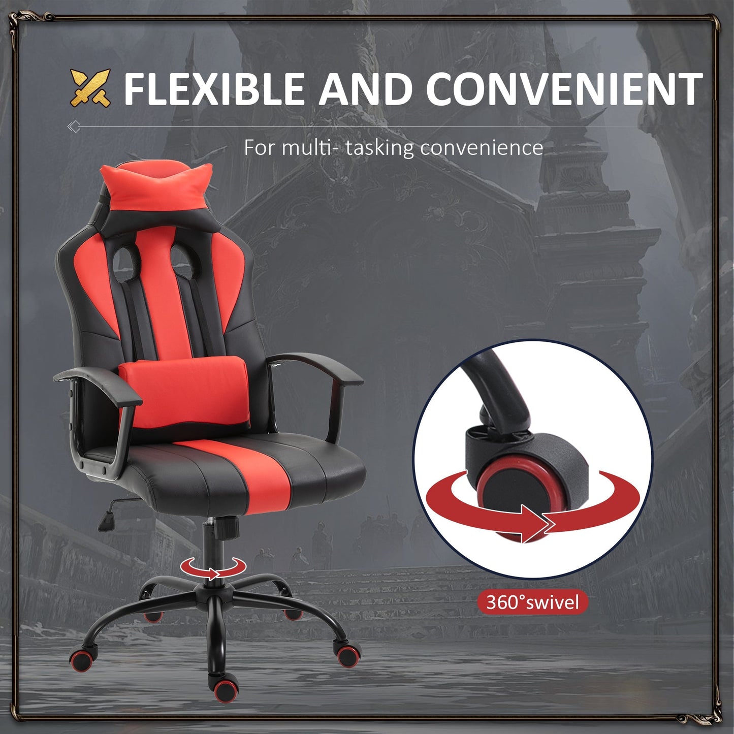 Office Chair High Back Racing Style Gaming Chair Adjustable PU Leather Swivel Computer Task Seat with Lumbar Support and Pillow Red Video Game Chairs   at Gallery Canada