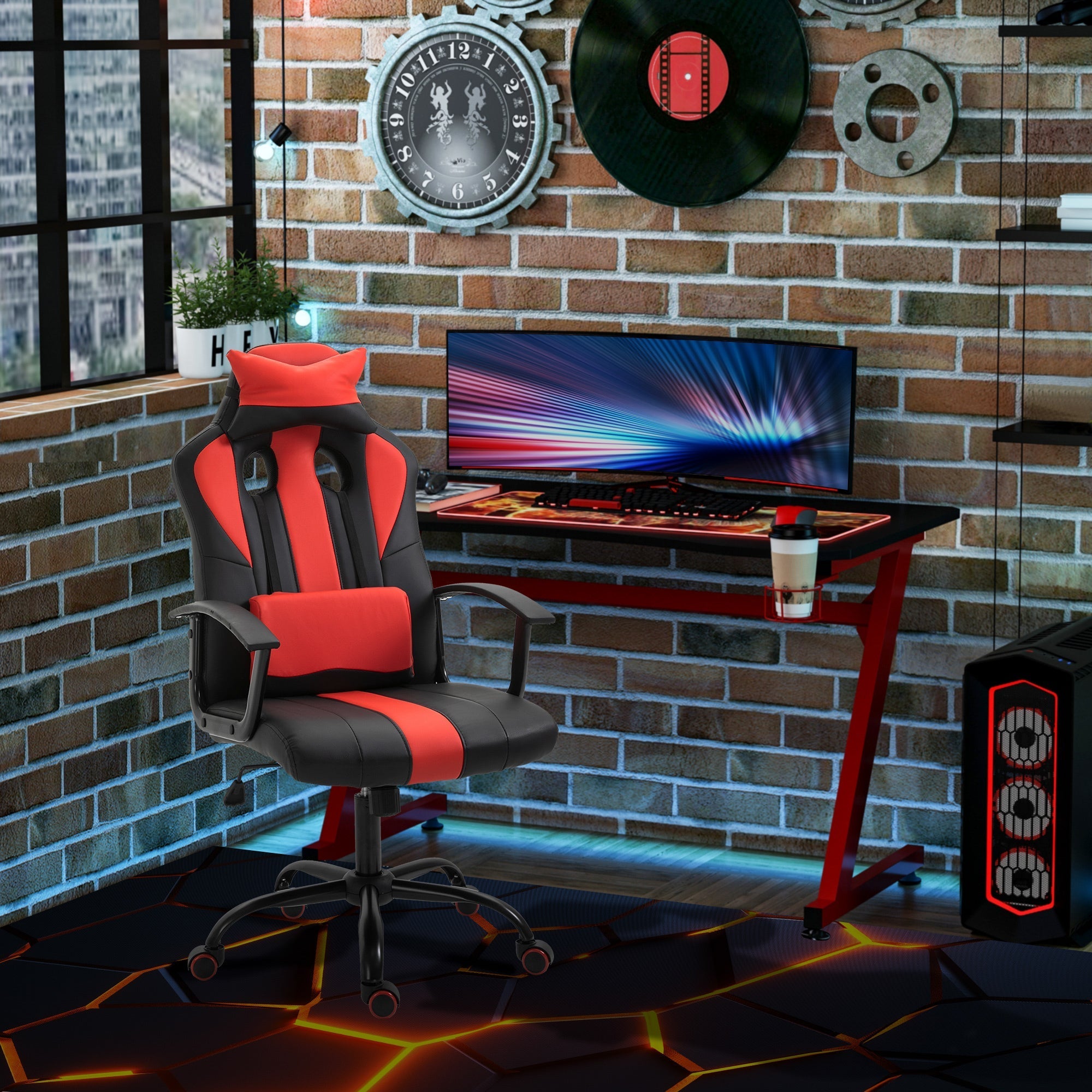 Office Chair High Back Racing Style Gaming Chair Adjustable PU Leather Swivel Computer Task Seat with Lumbar Support and Pillow Red Video Game Chairs   at Gallery Canada