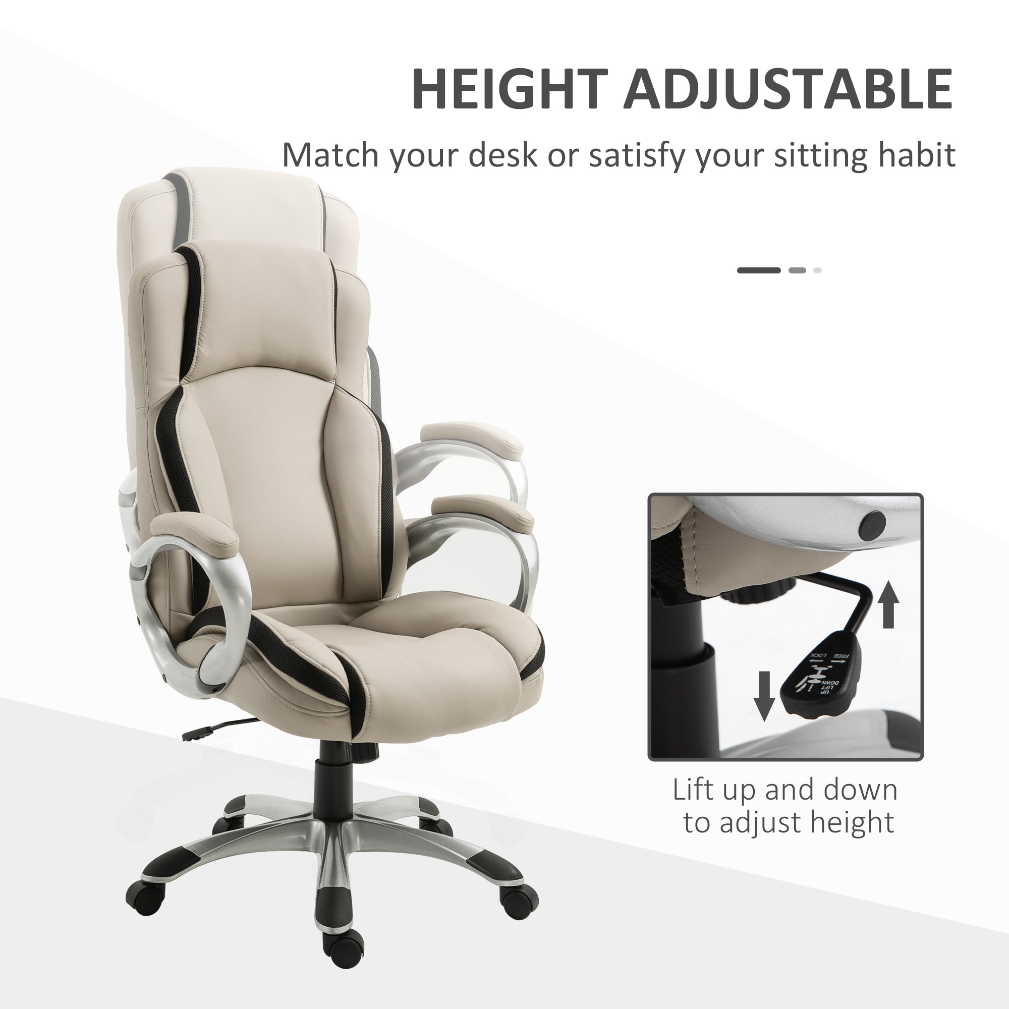 Office Chair PU Leather Executive on Rolling Wheels Task Computer Height Adjustable Swivel Ergonomic, Greige and Black Executive & Manager Chairs   at Gallery Canada