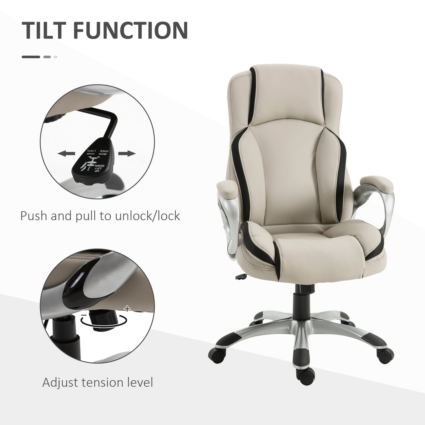 Office Chair PU Leather Executive on Rolling Wheels Task Computer Height Adjustable Swivel Ergonomic, Greige and Black Executive & Manager Chairs   at Gallery Canada