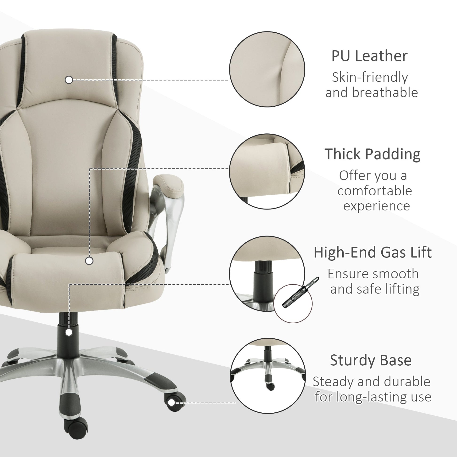 Office Chair PU Leather Executive on Rolling Wheels Task Computer Height Adjustable Swivel Ergonomic, Greige and Black Executive & Manager Chairs   at Gallery Canada