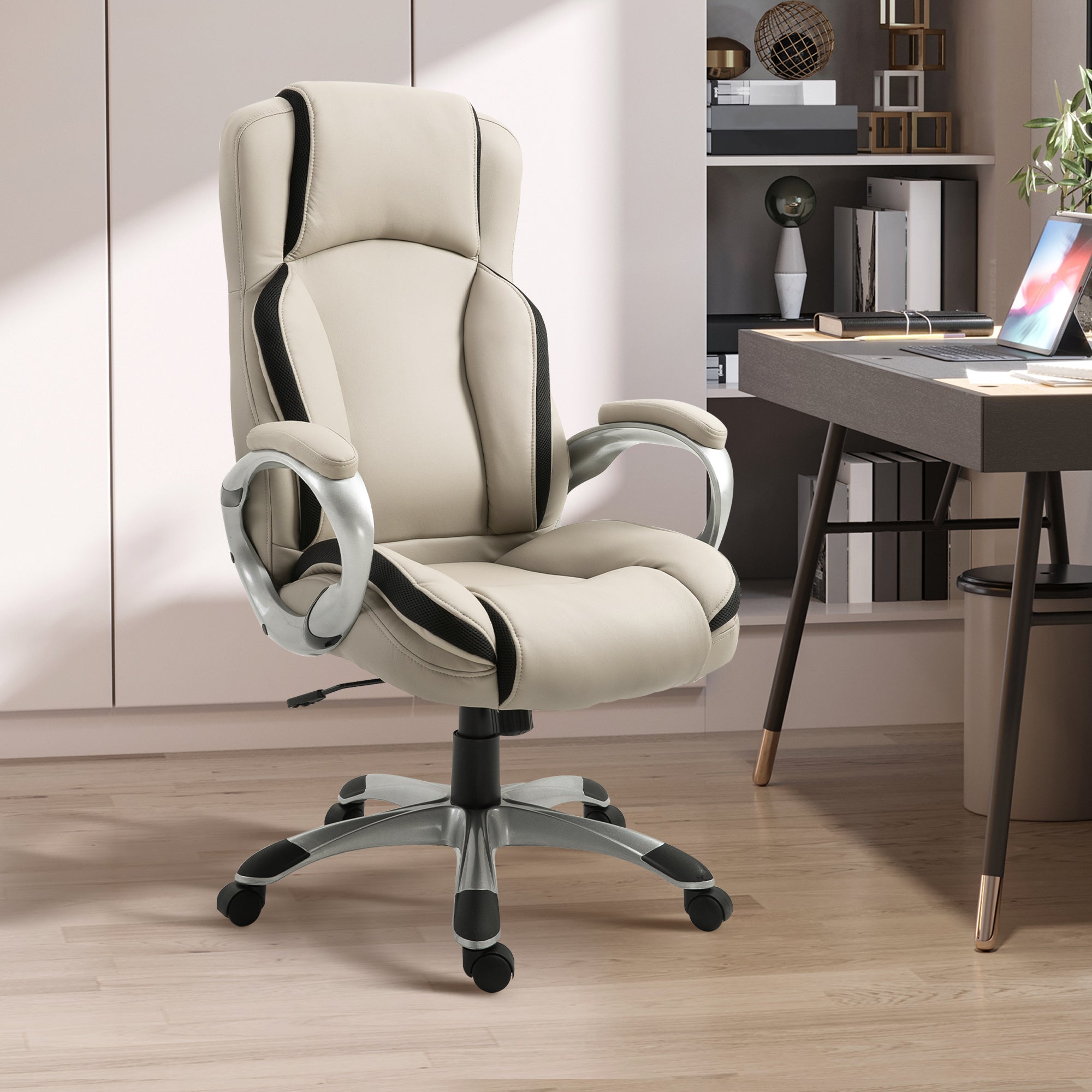 Office Chair PU Leather Executive on Rolling Wheels Task Computer Height Adjustable Swivel Ergonomic, Greige and Black Executive & Manager Chairs   at Gallery Canada