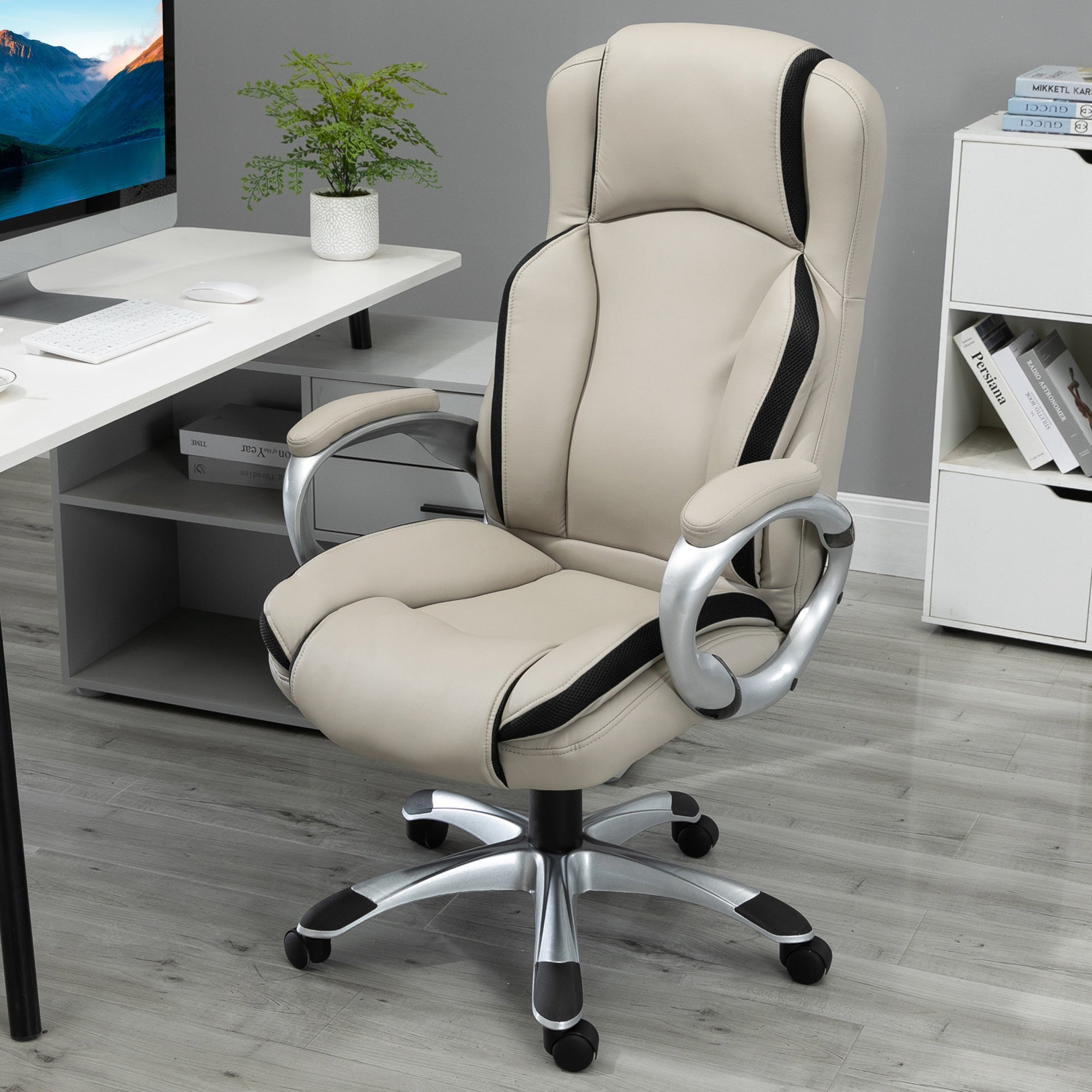 Office Chair PU Leather Executive on Rolling Wheels Task Computer Height Adjustable Swivel Ergonomic, Greige and Black Executive & Manager Chairs   at Gallery Canada