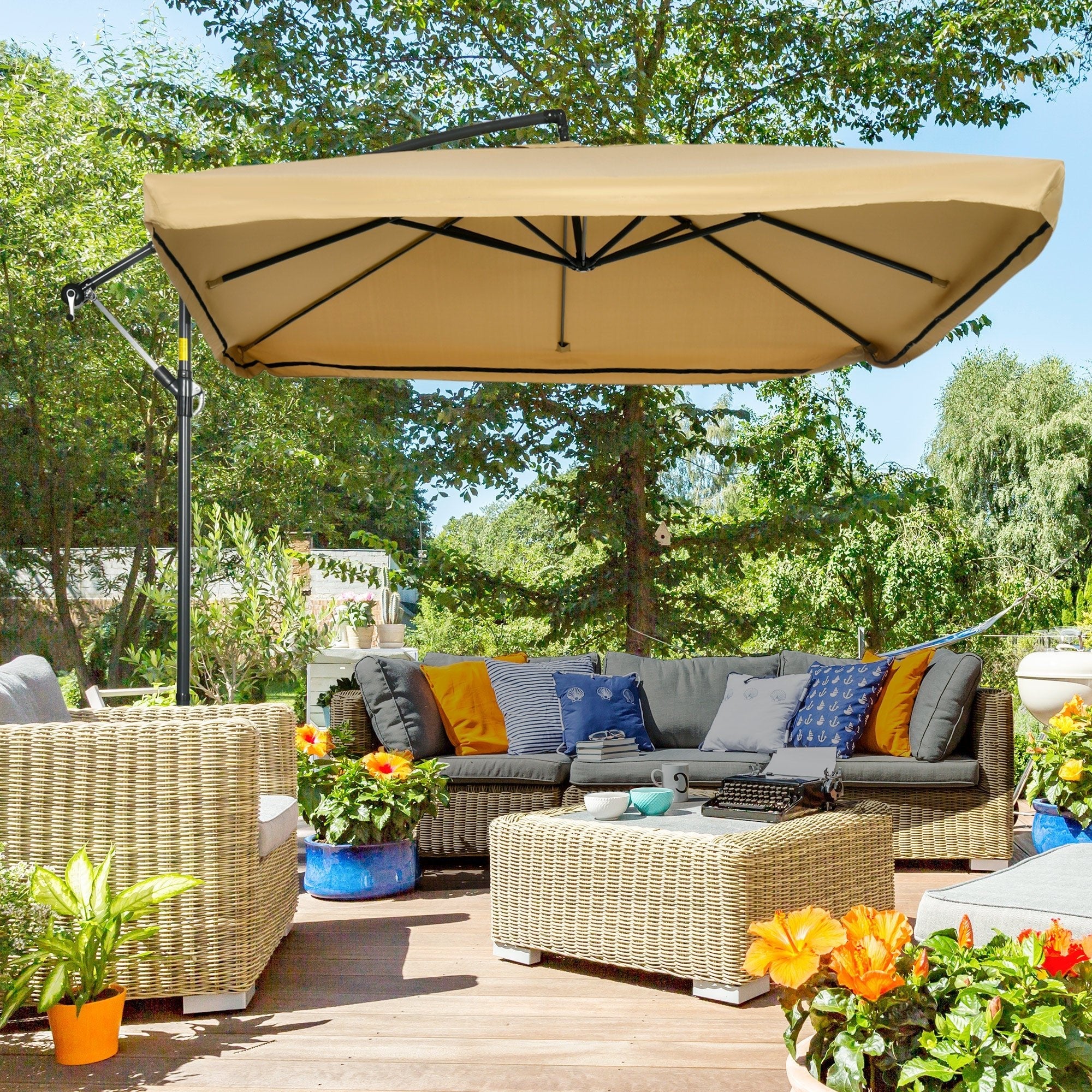 Adjustable Offset Patio Umbrella with Net, Base, and 8 Ribs for Garden, Beige Cantilever Umbrellas   at Gallery Canada