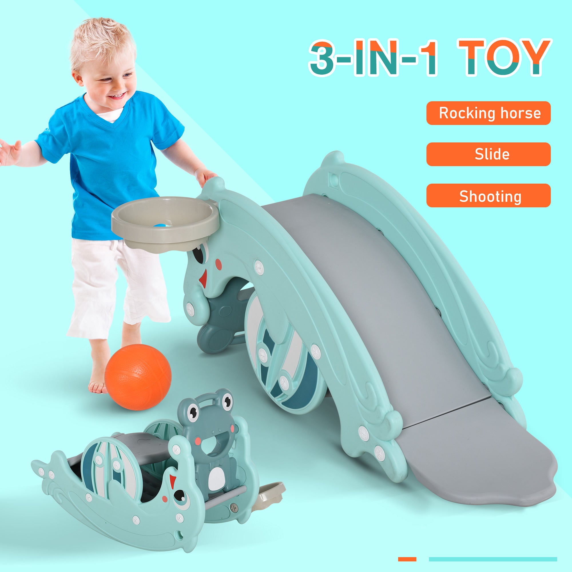 3-in-1 Kids Slide And Rocking Horse Dual-Use Children Activity Equipment Portable Slide Indoor Outdoor Playground Toy W/ Basketball Hoop Toddler Birthday Gift, Age 1.5-3, Green Rocking Horses at Gallery Canada