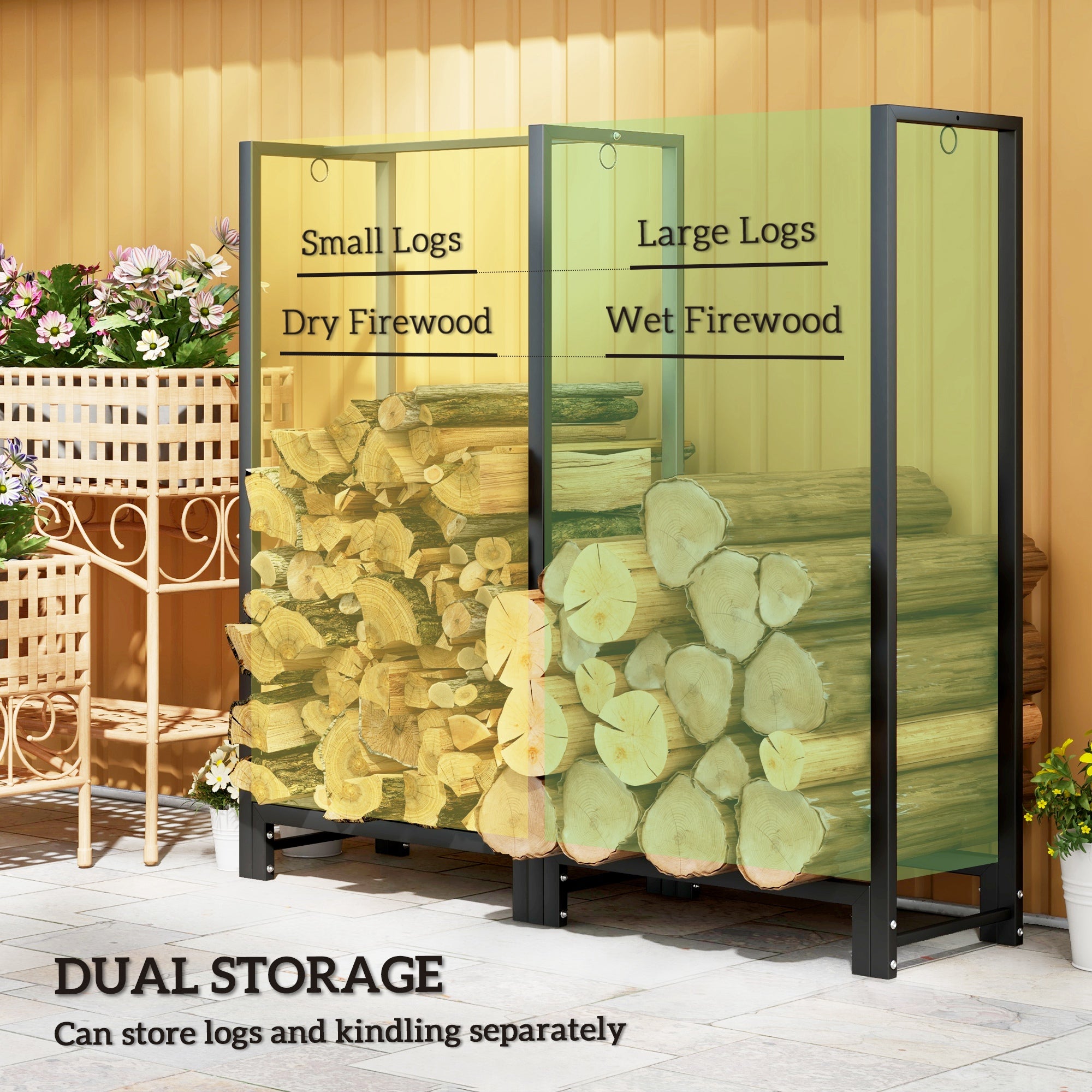 4ft Firewood Rack with Dual Space and Lock Rings, Steel Log Holder for Outdoor Indoor, Black Firewood Racks at Gallery Canada