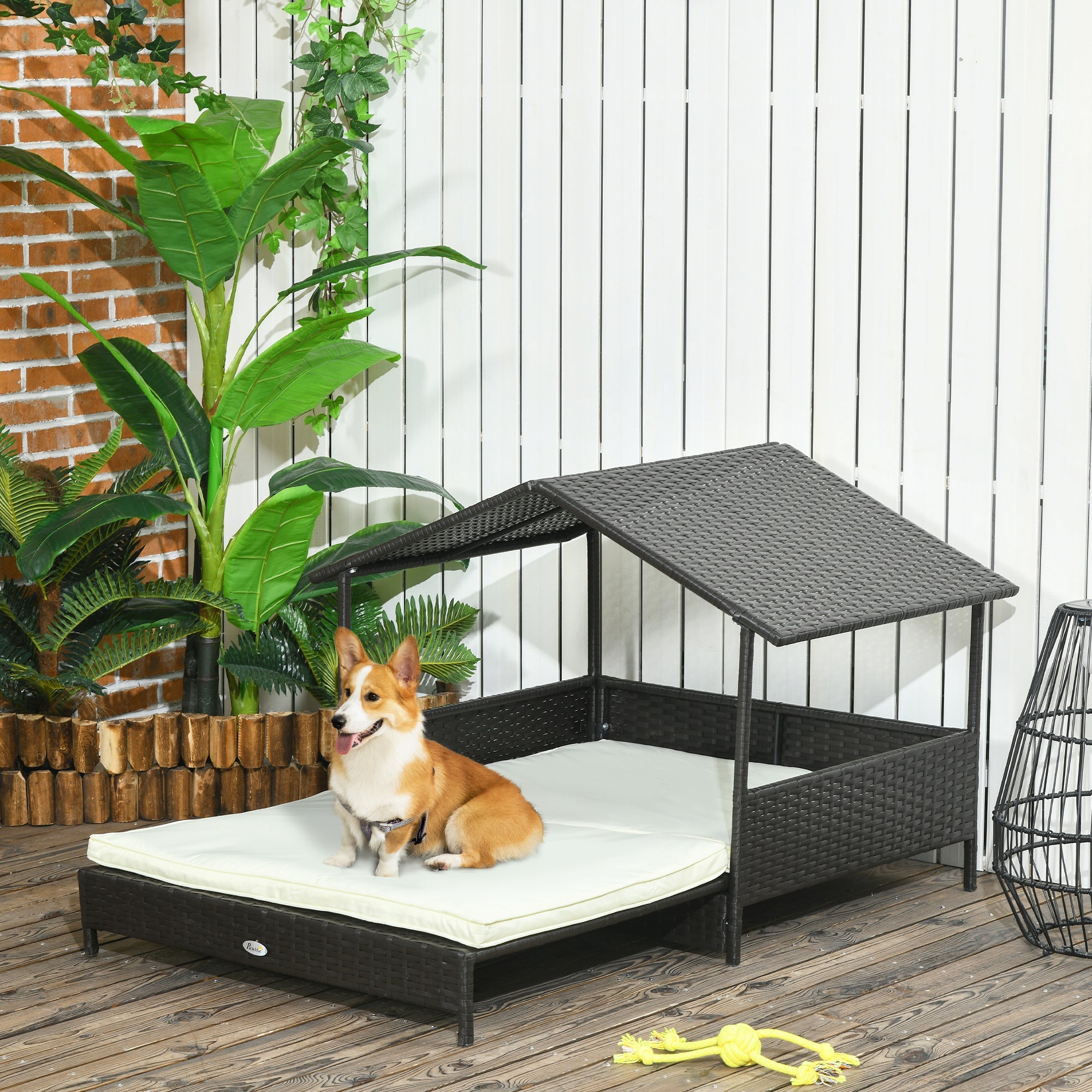 Outdoor Dog House Extendable Wicker Dog Bed with Soft Cushion Washable Cover, for Small and Medium Dogs, Cream White Houses, Kennels & Pens   at Gallery Canada