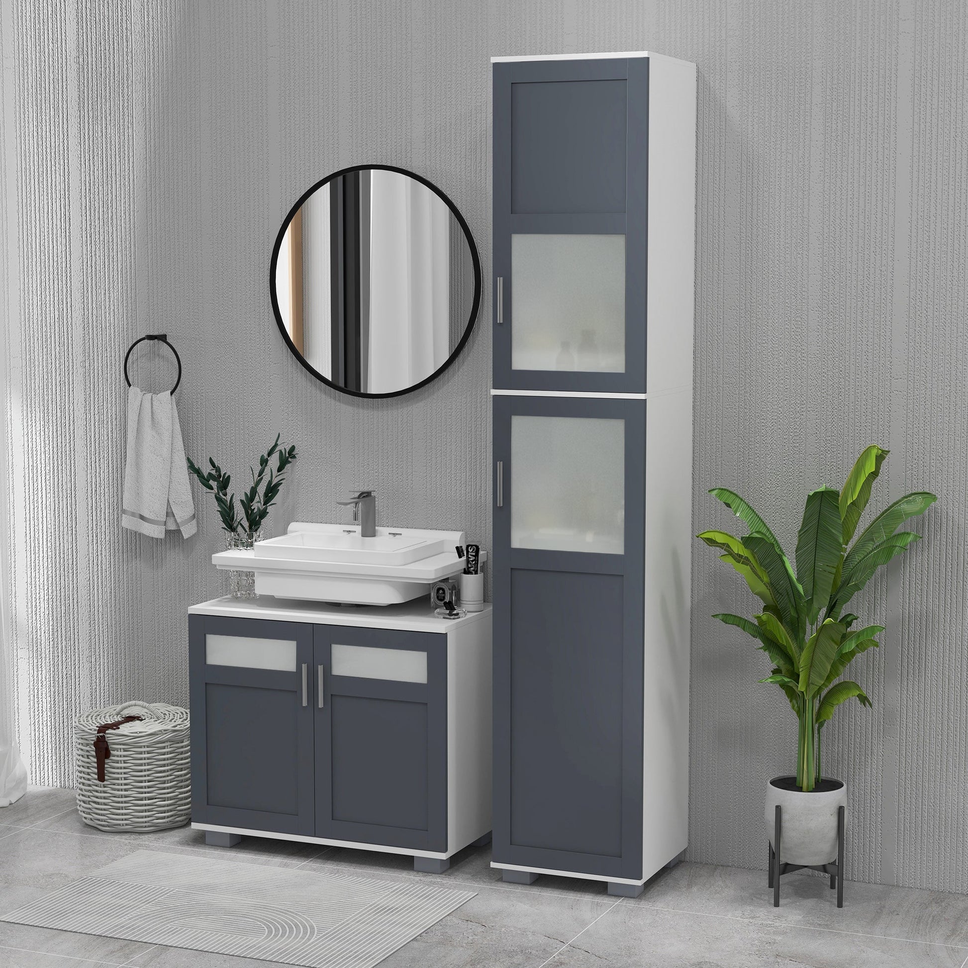 75" Tall Bathroom Storage Cabinet, Narrow Bathroom Cabinets with Matte Glass Doors and 5-tier Shelving, White Bathroom Cabinets   at Gallery Canada