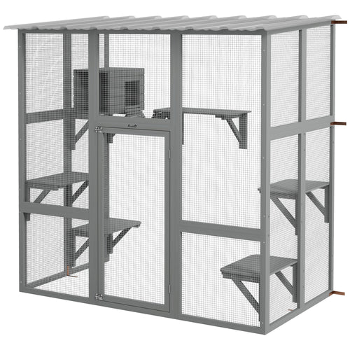 Outdoor Cat Enclosure Window Box with Weatherproof Roof, Bridge, Resting Box, Platforms, for 2 Kittens, Grey