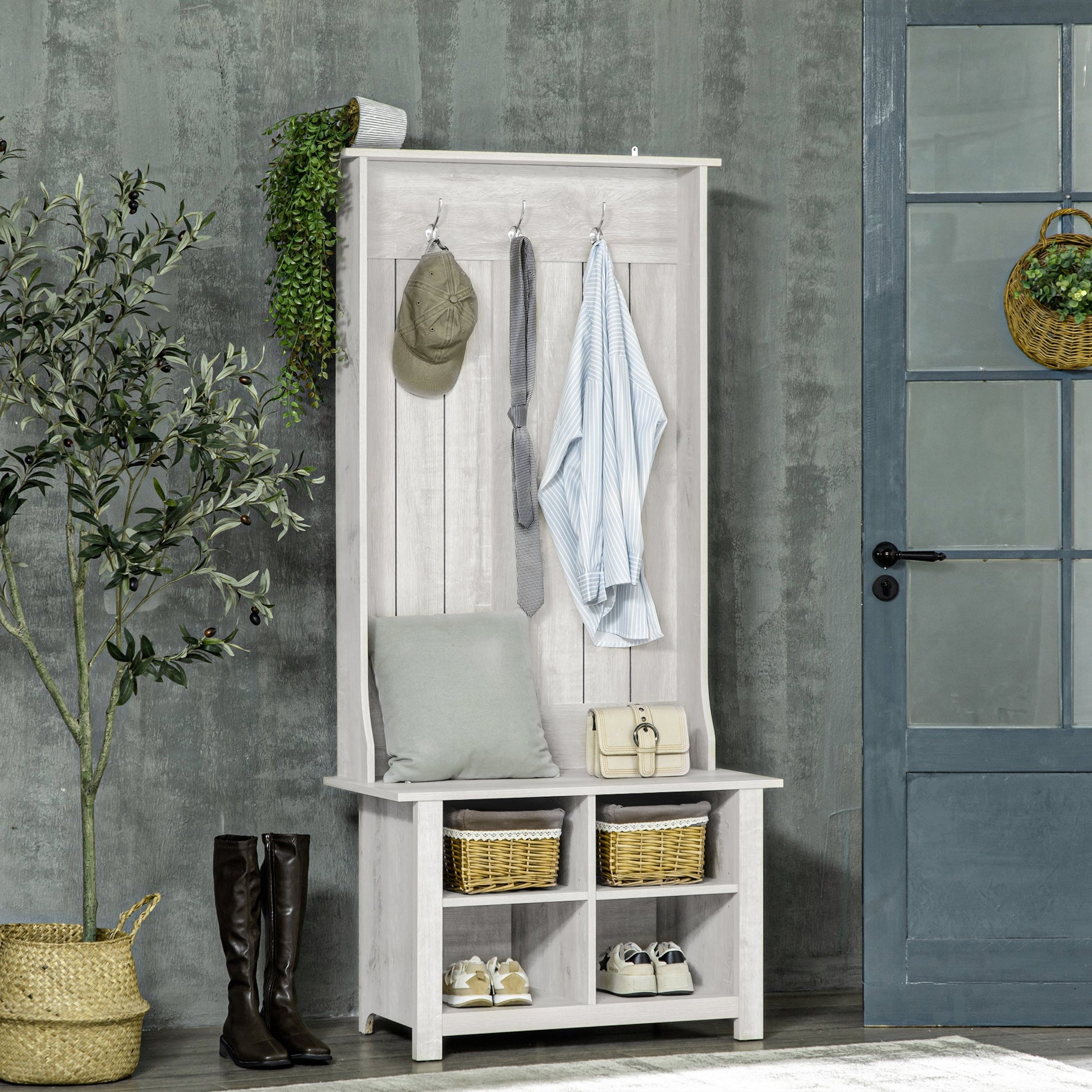 Classic Hall Tree, Accent Coat Tree with Shoe Storage Bench, Adjustable Shelves, 31.5" x 15.5" x 67.5", Distressed White Clothing Storage   at Gallery Canada