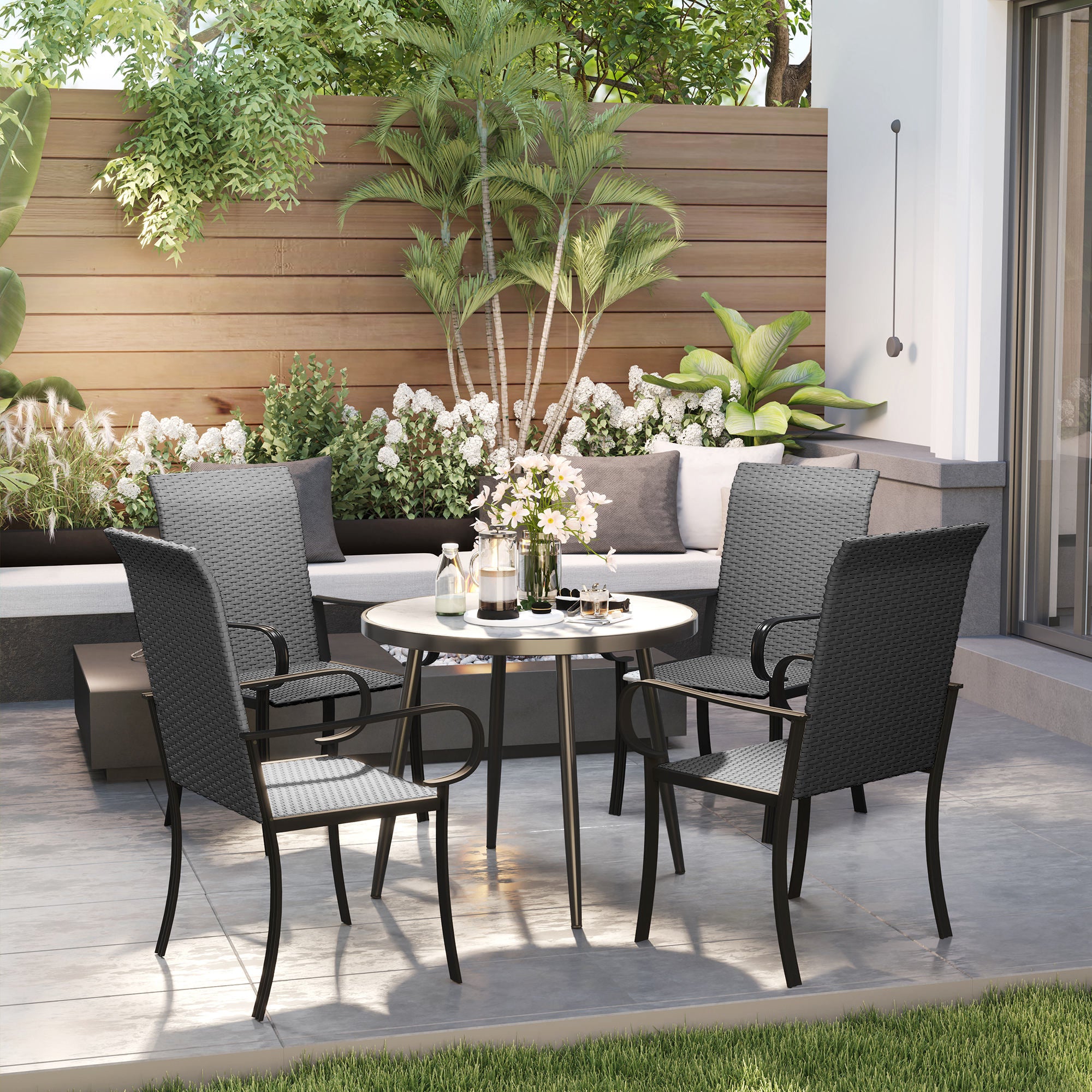 4 Piece PE Rattan Patio Dining Chairs with Steel Frame, for Garden, Backyard, Pool Side, Porch, Black Patio Chairs at Gallery Canada