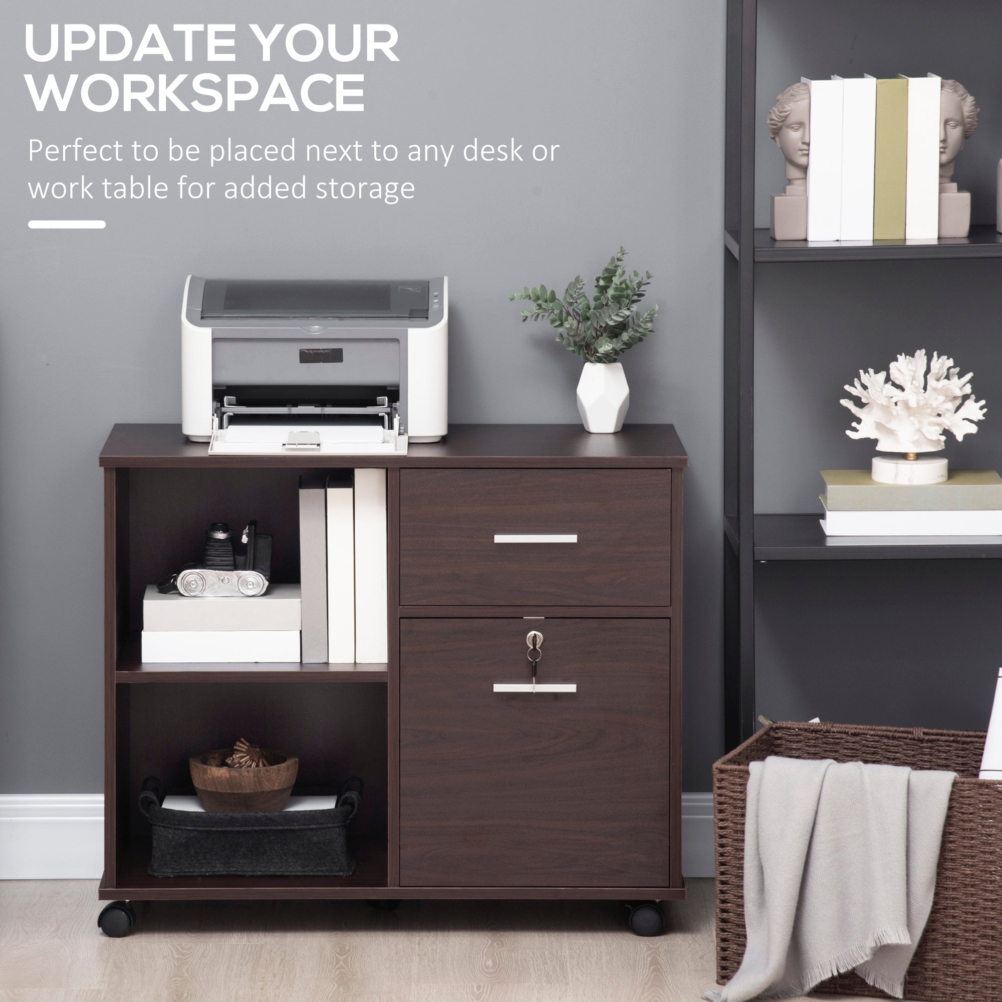 Lateral Filing Cabinet with Wheels, Locking File Cabinet, Mobile Printer Stand with Open Shelves and Drawers for A4 Size Documents, Walnut Office Cabinets & Cupboards at Gallery Canada