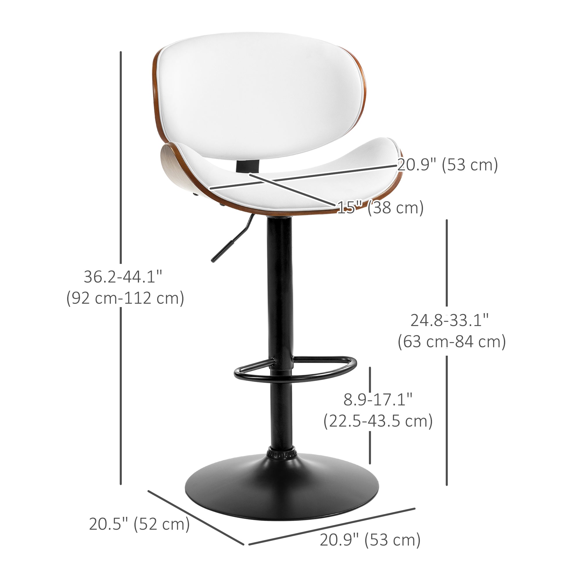 Bar Stools Set of 2, Modern PU Leather Adjustable Swivel Barstools with Curved Back, Footrest and Steel Base, White Bar Stools   at Gallery Canada