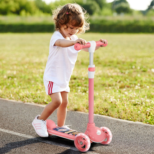 3 Wheel Kids Scooter, Toddler Kick Scooter with Adjustable Height, Rear-Fender Brake, LED Light, TPE Handlebar, Pink