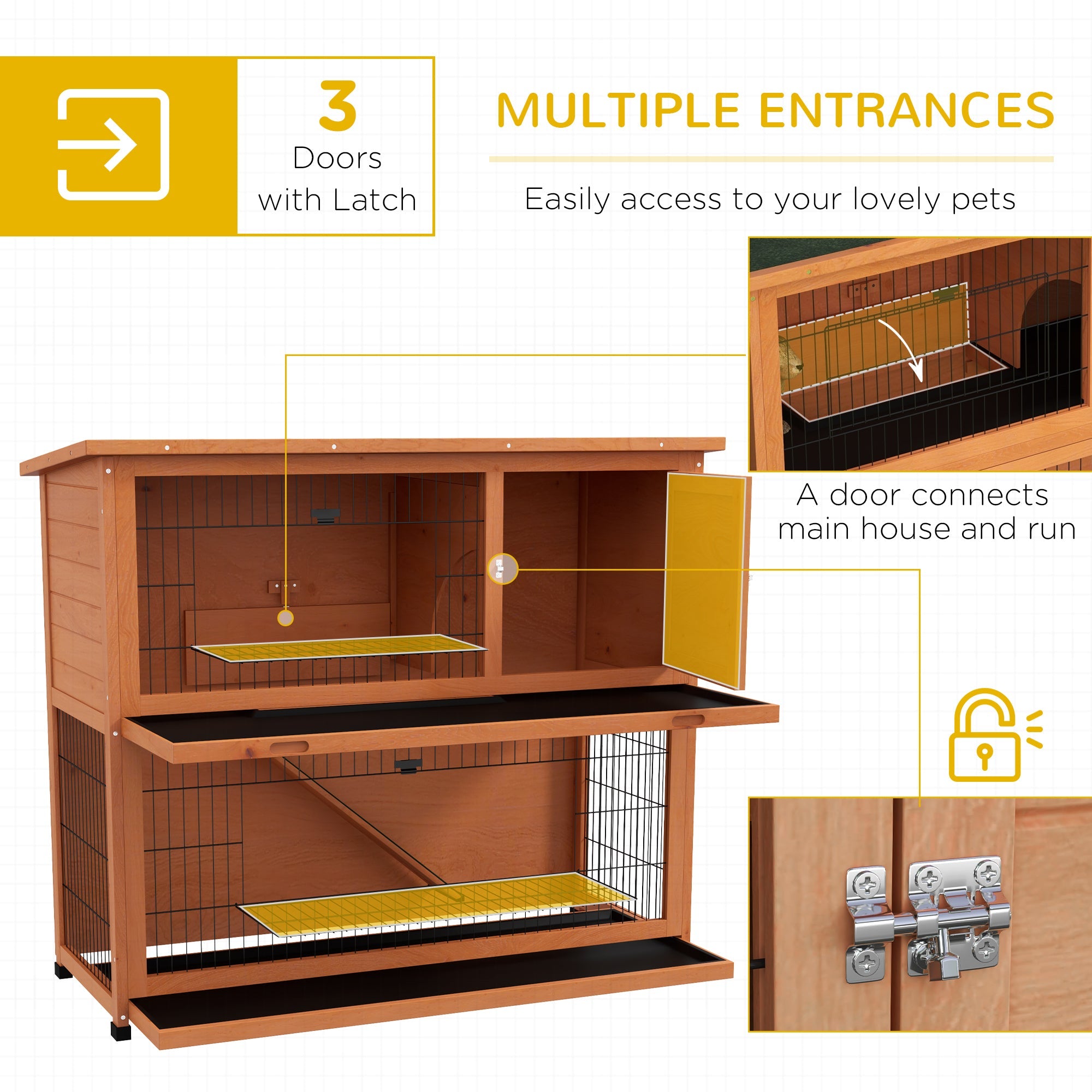 Wooden Rabbit Hutch with Trays, Ramp, Asphalt Roof, Doors for 1-2 Rabbits, 47