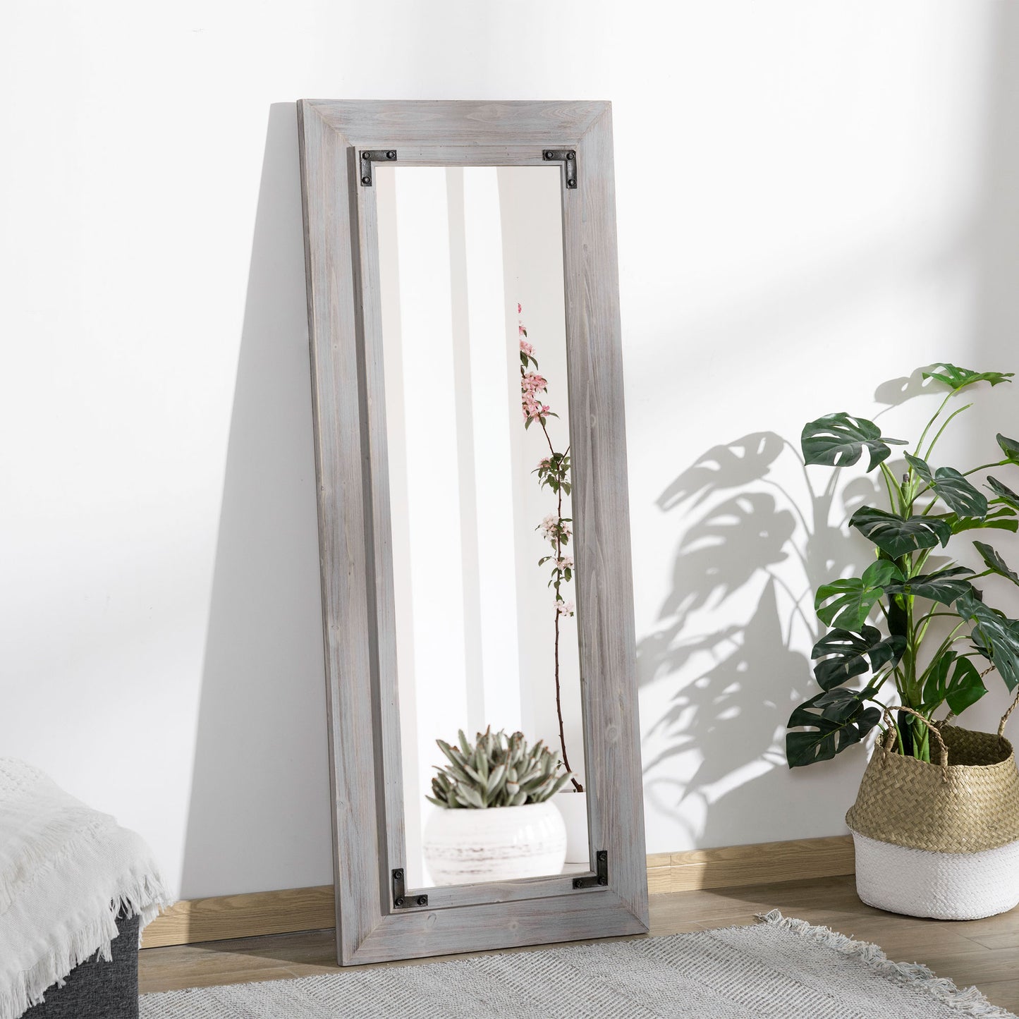 59" x 23.5" Farmhouse Full Length Mirror, Wall Hang and Leaner Floor Mirror, Vertical and Horizontal, Distressed Wood Framed, for Living Room, Grey Wall Mirrors at Gallery Canada