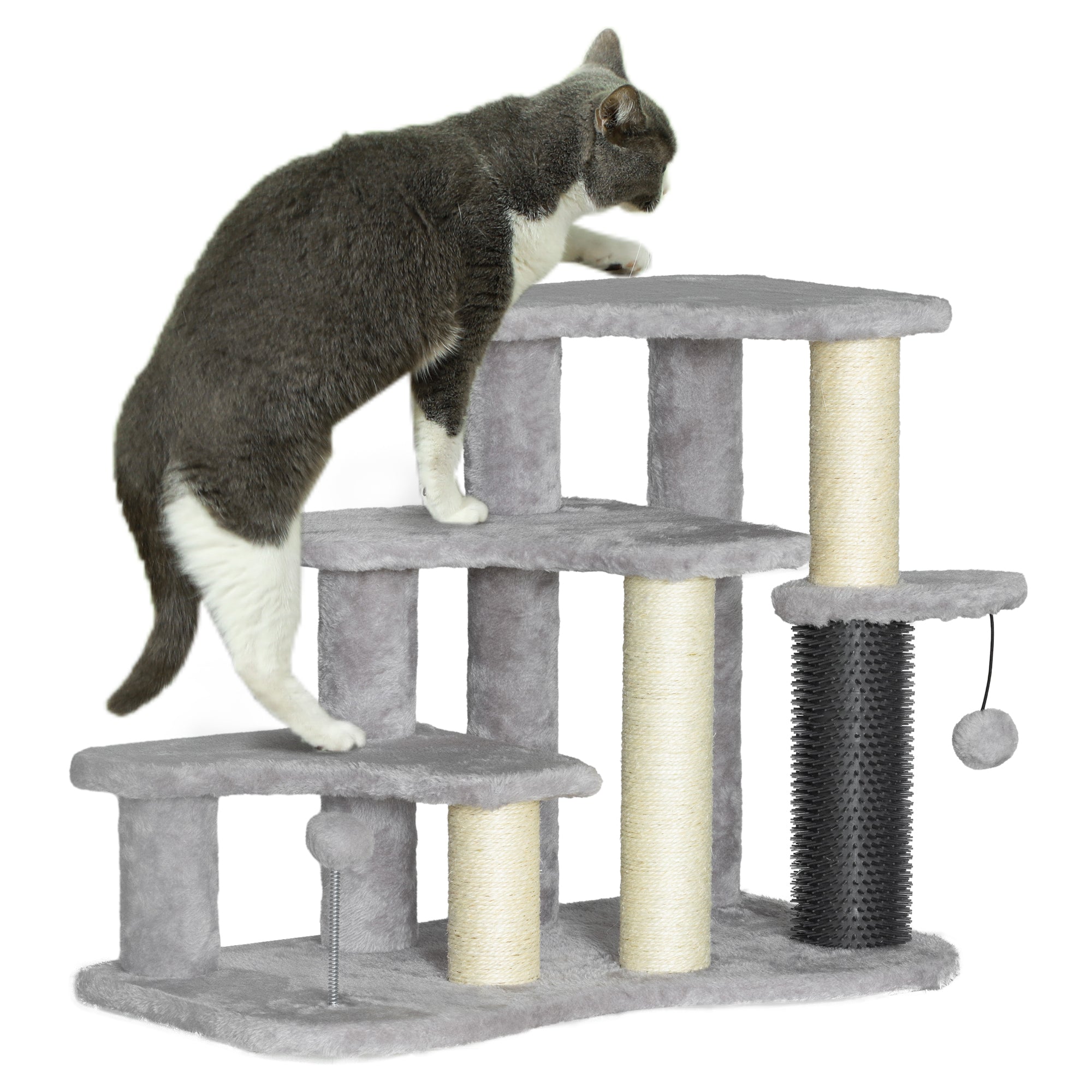 2 in 1 Cat Tree 3 Steps Pet Stairs with Scratching Posts, Tickling Post, Toy Balls, for Bed, Couch, Sofa, Light Grey Cat Stairs   at Gallery Canada