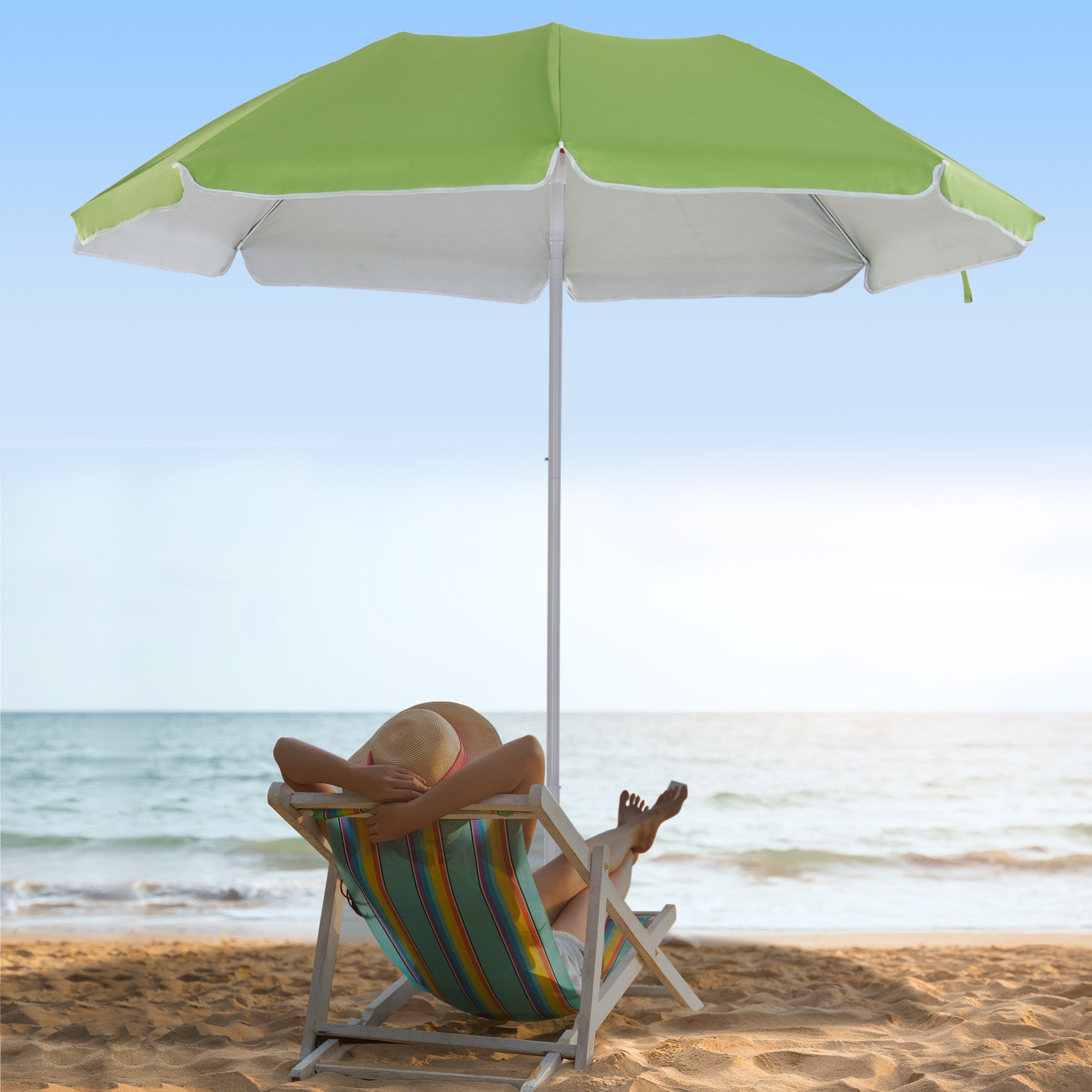 6.7ft Beach Umbrella with Push Button Tilt, Ruffled Outdoor Umbrella with Carry Bag and 8 Ribs, Green Beach Umbrellas at Gallery Canada