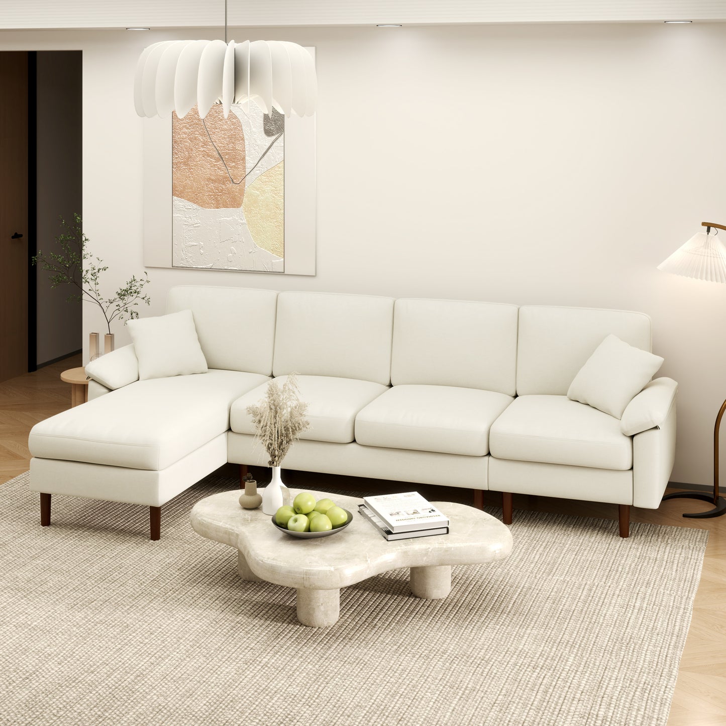 L-Shape Sofa, Modern Sectional Couch with Changeable Chaise Lounge, Pillows and Wooden Legs for Living Room, Cream White 3-Seater Sofas Multi Colour  at Gallery Canada