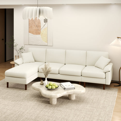 L-Shape Sofa, Modern Sectional Couch with Changeable Chaise Lounge, Pillows and Wooden Legs for Living Room, Cream White