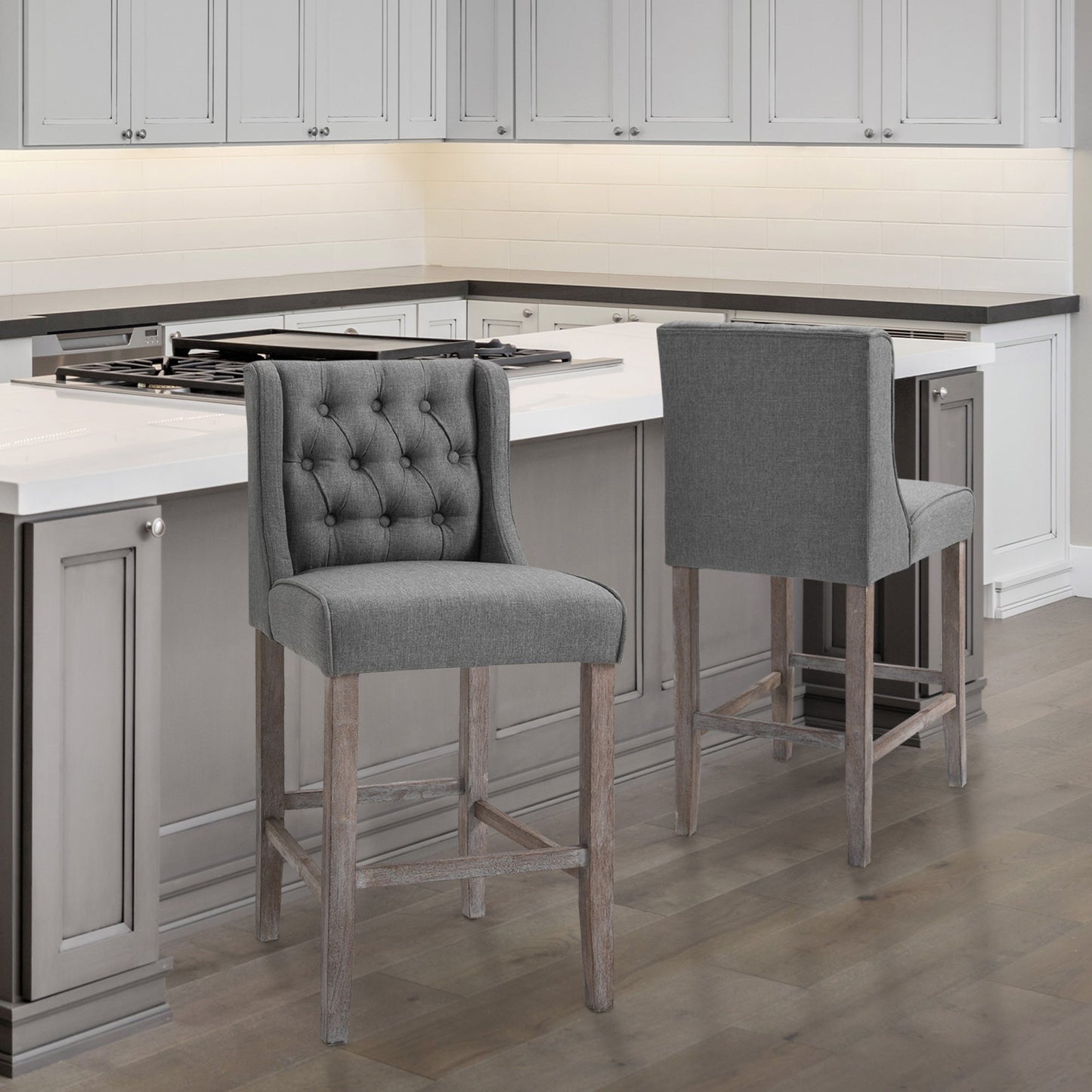 Set of 2 40Inch Button Tufted Bar stools High Counter Dining Height Chairs Grey Bar Stools   at Gallery Canada