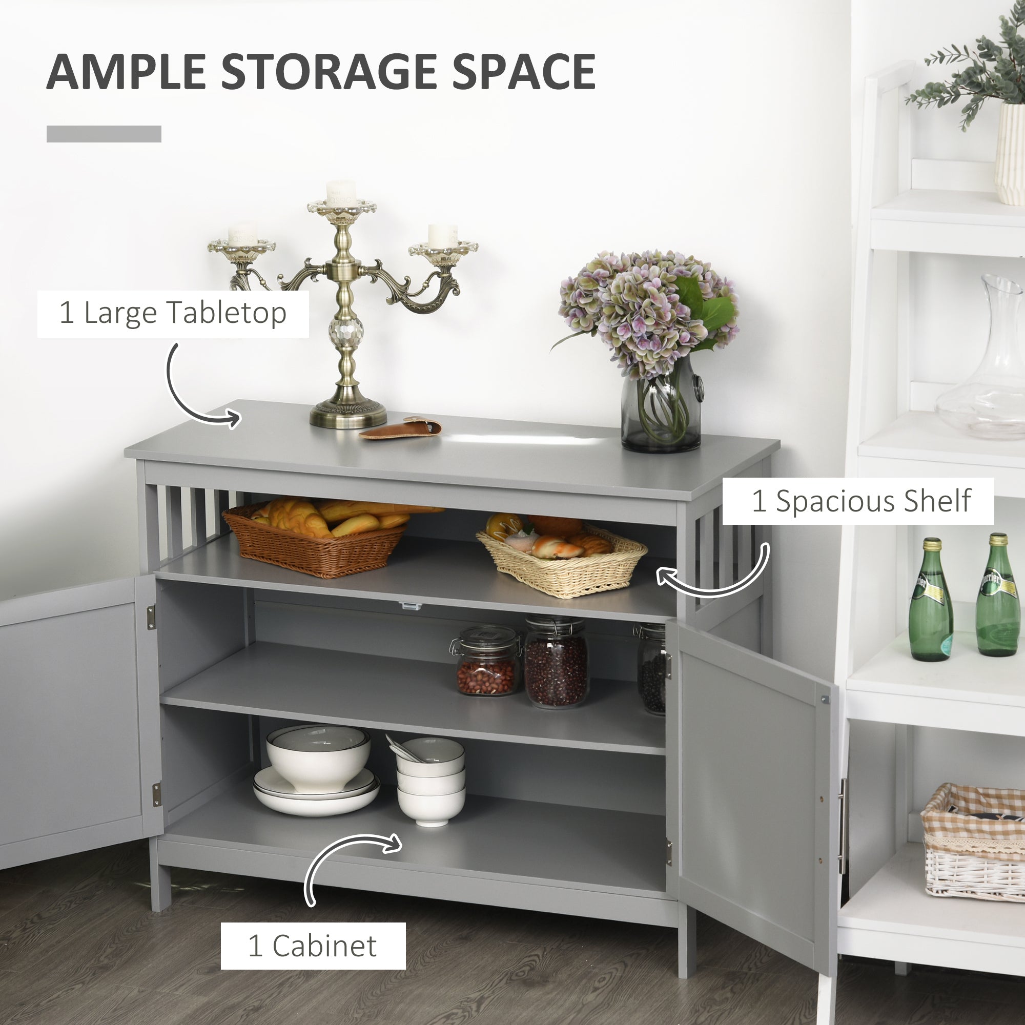 Kitchen Sideboard, Buffet Cabinet, Wooden Storage Console Table with 2-Level Cabinet and Open Shelf, Grey Bar Cabinets at Gallery Canada
