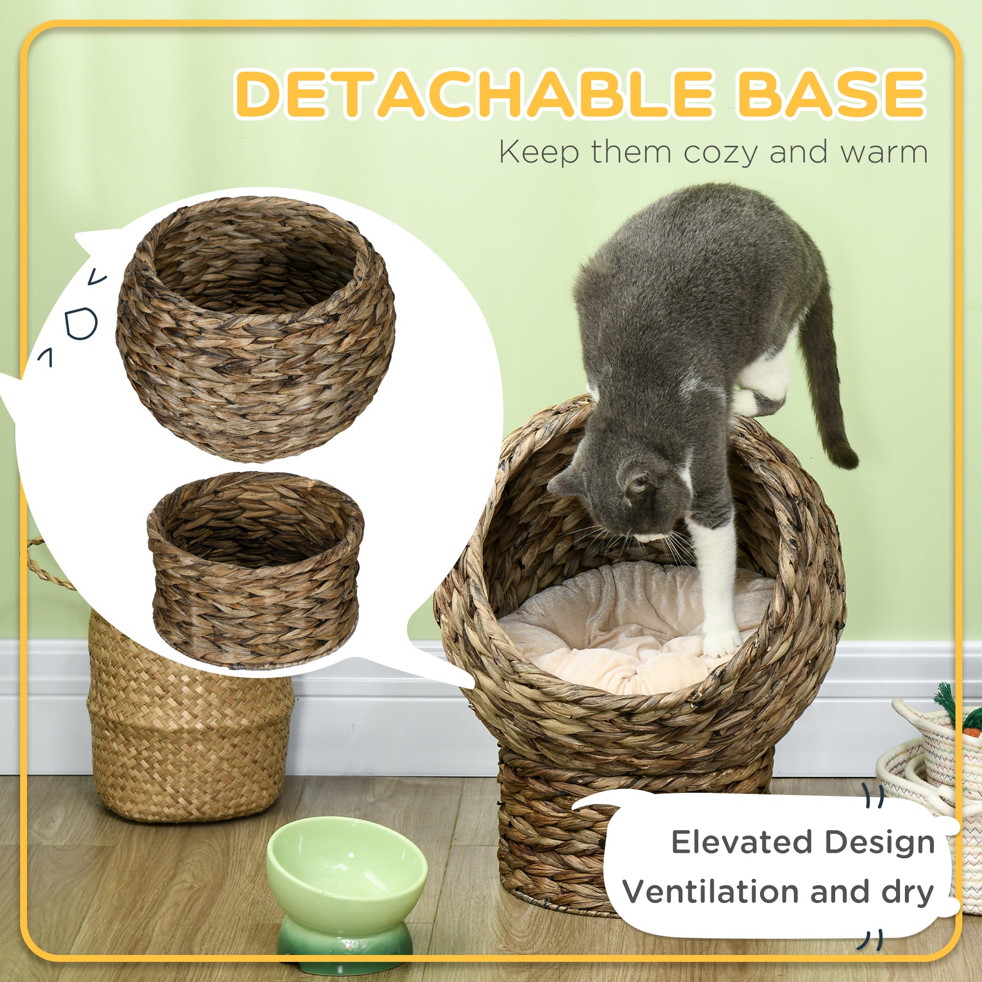 Wicker Cat Bed with Cushion, Stand, for Indoor Cats, Grey Cat Houses at Gallery Canada