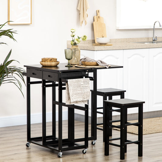 Bamboo Breakfast Cart 3 Piece Kitchen Trolley with Drop Leaf Table and 2 Square Stools, Coffee Brown Kitchen Islands & Kitchen Carts Coffee Brown  at Gallery Canada