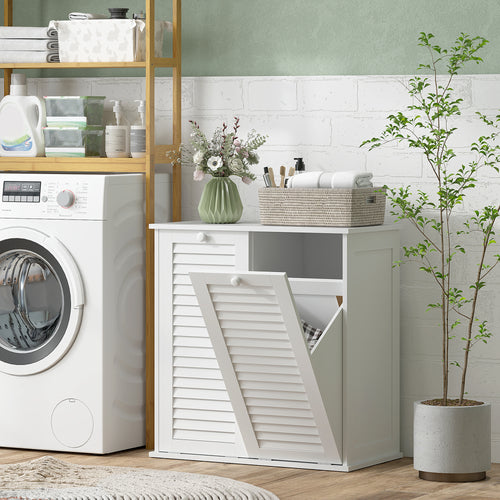 Tilt Out Laundry Cabinet, Laundry Basket Cabinet with 2 Baskets and 2 Louvered Doors, White