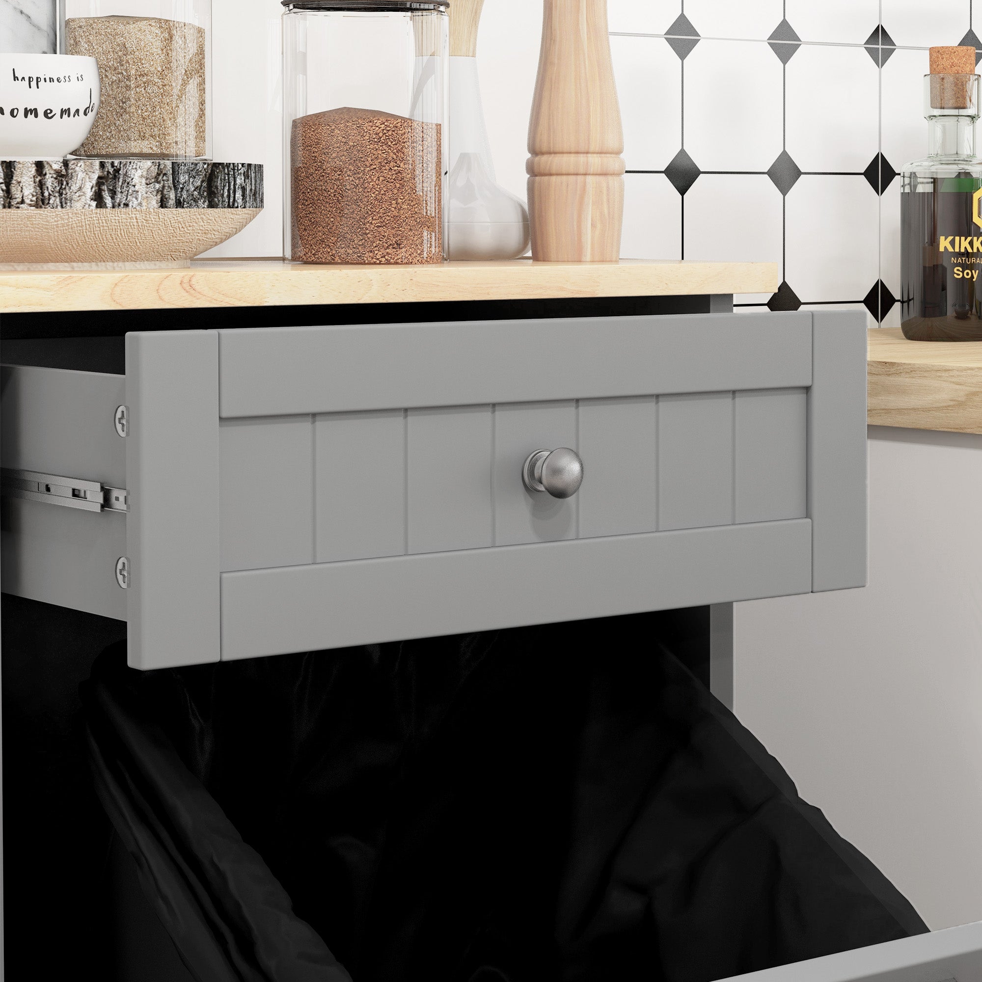 Kitchen Tilt Out Trash Bin Cabinet, Free Standing Recycling Cabinet, Trash Can Holder with Drawer, Grey Storage Cabinets at Gallery Canada