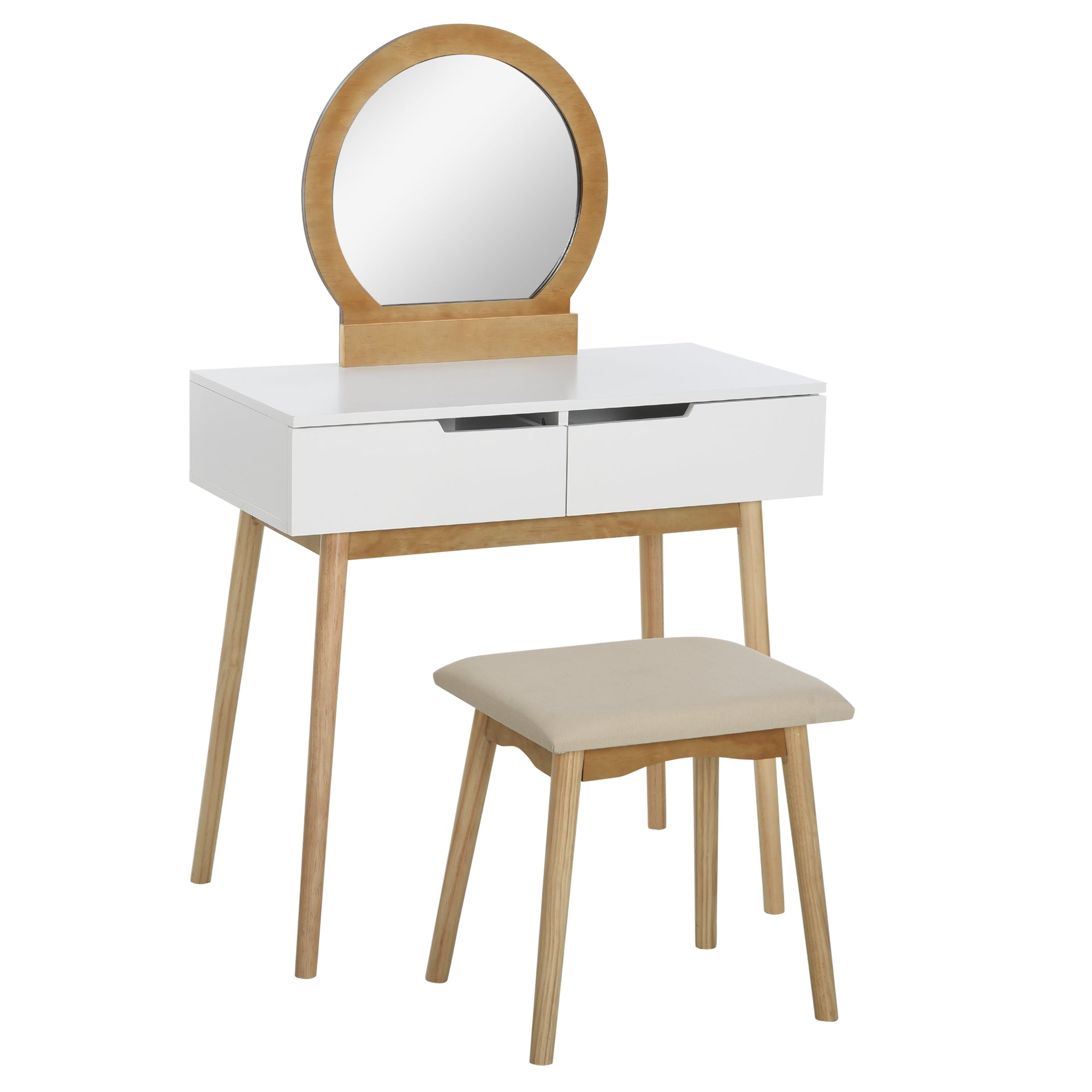 Vanity Table Set with Round Mirror and 2 Drawers, Dressing Table with Cushioned Stool Set for Bedroom, Natural Dressing & Vanity Tables   at Gallery Canada