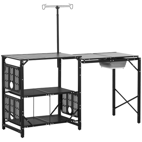 Folding Camping Kitchen, Portable Aluminum Cook Station with Carrying Bag, 3 Side Tables, 2 Shelves for BBQ, Black