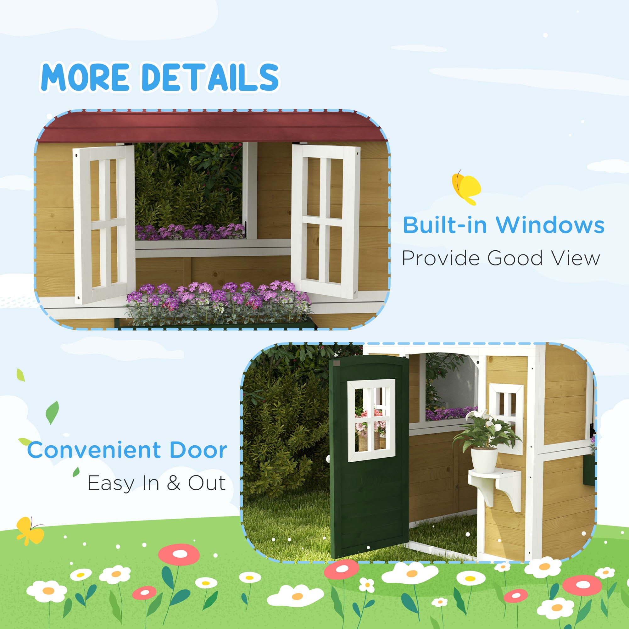 Wooden Playhouse for Kids Outdoor with Door, Windows, Planter Pots and Boxes for Toddlers 3-8 Years, Beige Play Houses at Gallery Canada