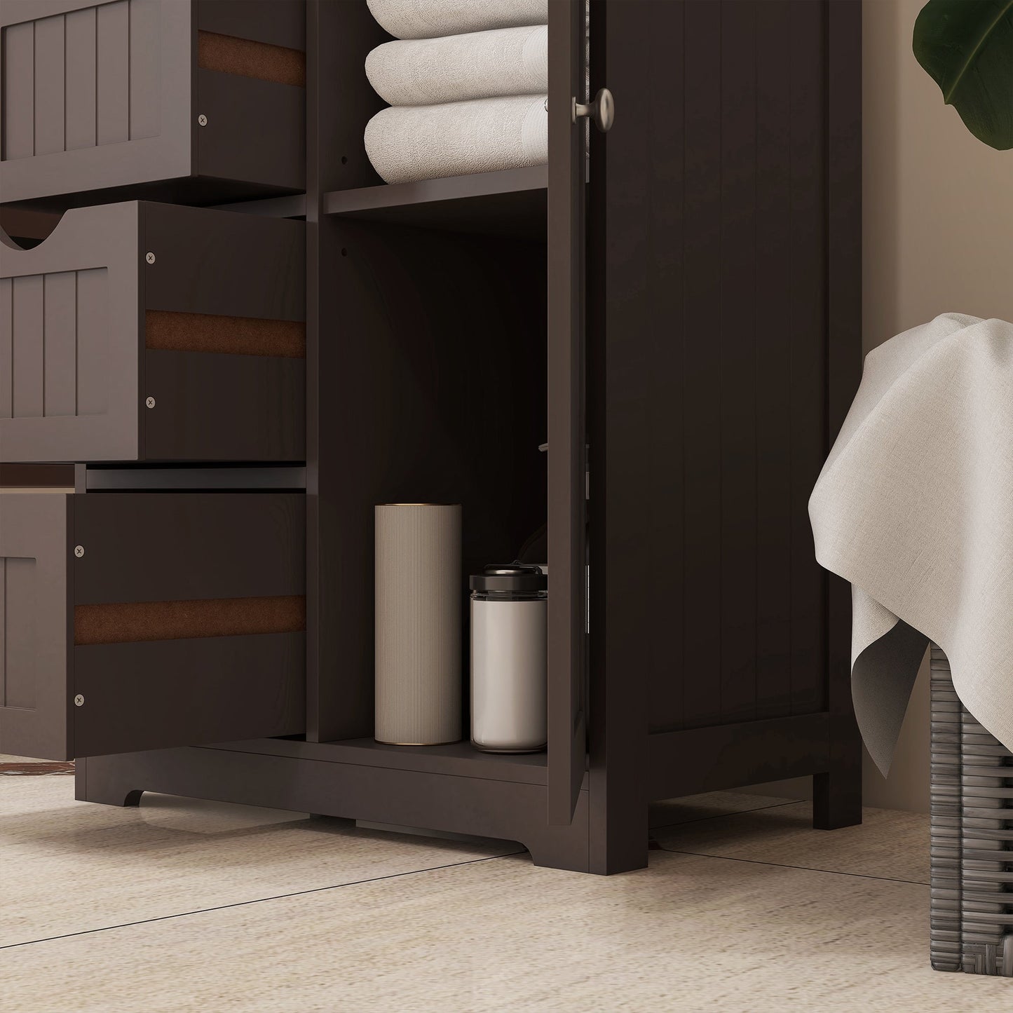 Bathroom Storage Cabinet, Floor Cabinet with Adjustable Shelf and 4 Drawers, Side Cabinet for Washroom, Brown Bathroom Cabinets   at Gallery Canada