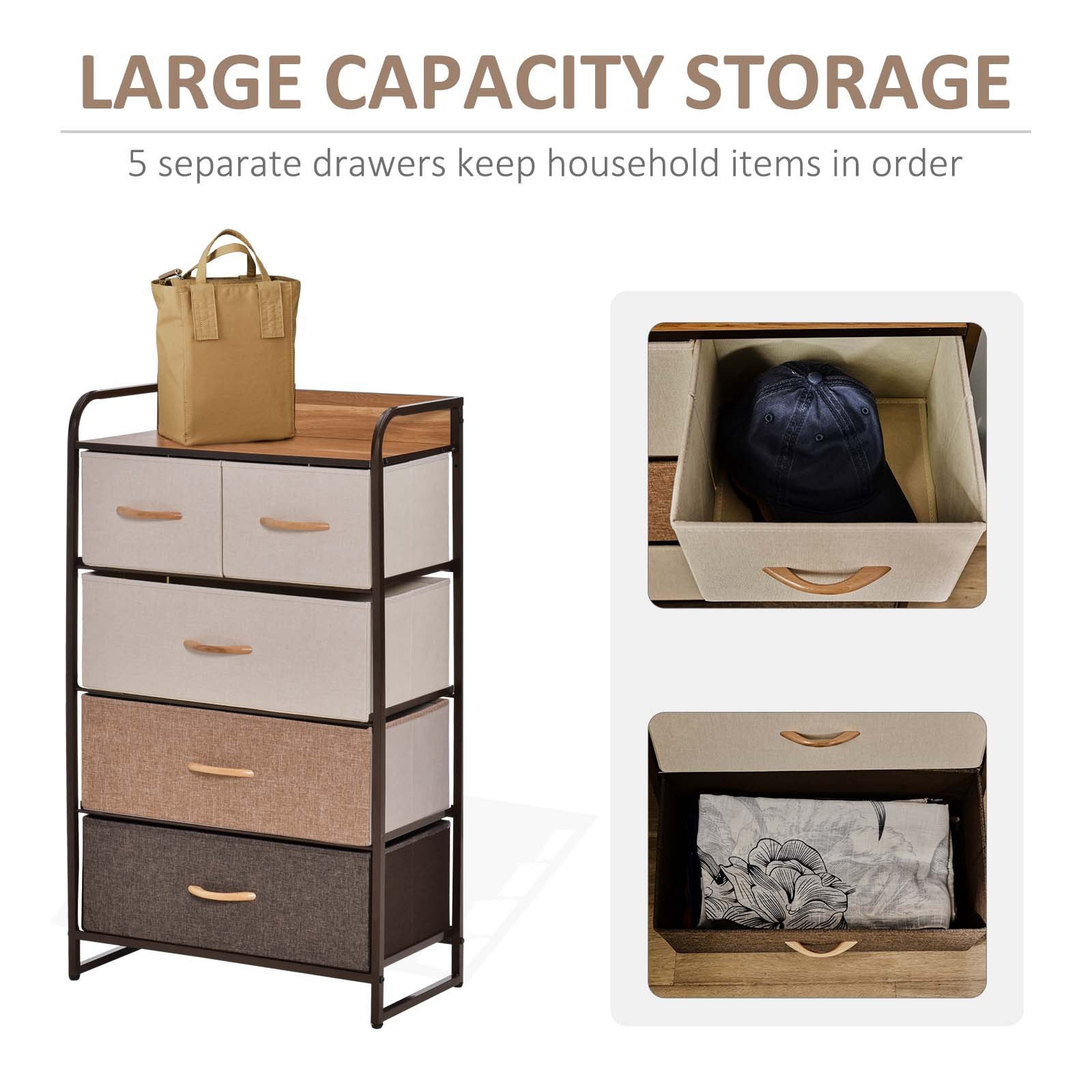 Dresser for Bedroom with 5 Drawers, Chest of Drawers with Metal Frame, Fabric Dresser for Living Room, Multi-Coloured Bedroom Furniture at Gallery Canada