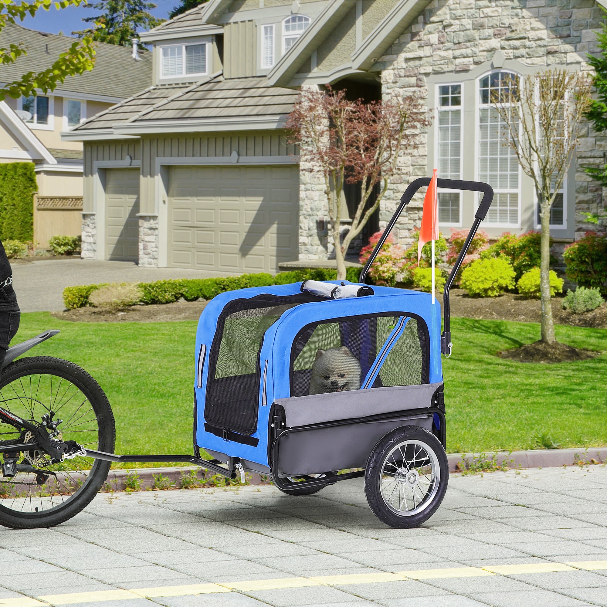 Dog Bike Trailer 2-In-1 Pet Stroller Cart Bicycle Wagon Cargo Carrier Attachment for Travel with 360 Swivel Wheel, Hitch, Suspension, Safety Flag, Blue Dog Bike Trailers & Strollers at Gallery Canada